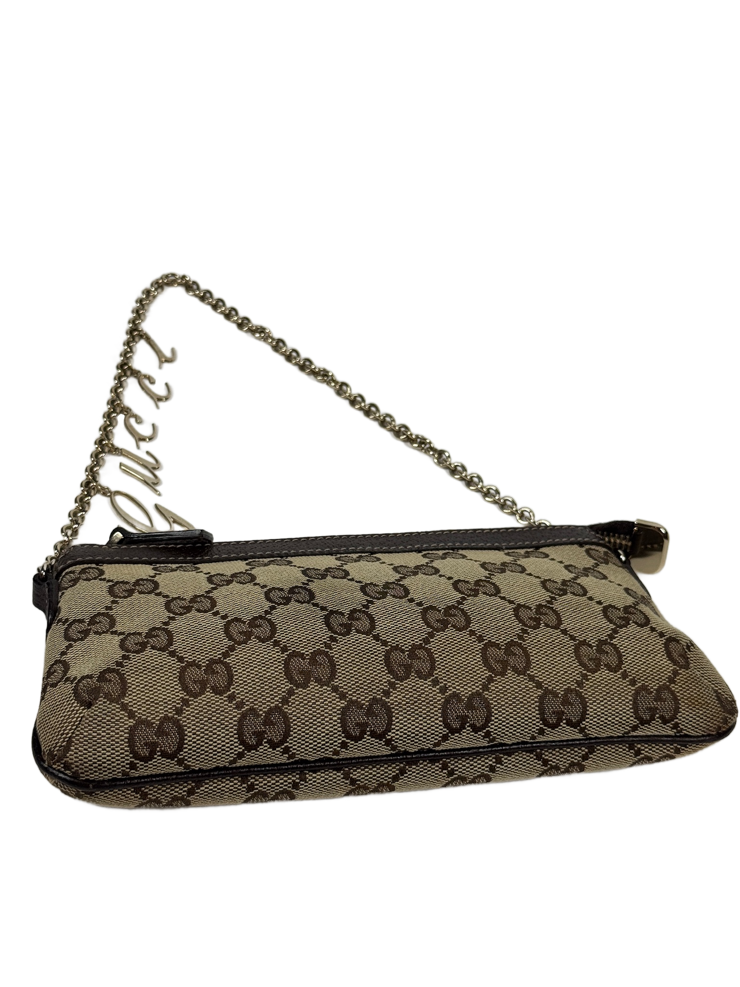 Gucci Vintage Brown Monogram Canvas Logo Chain Strap Evening Pochette Bag