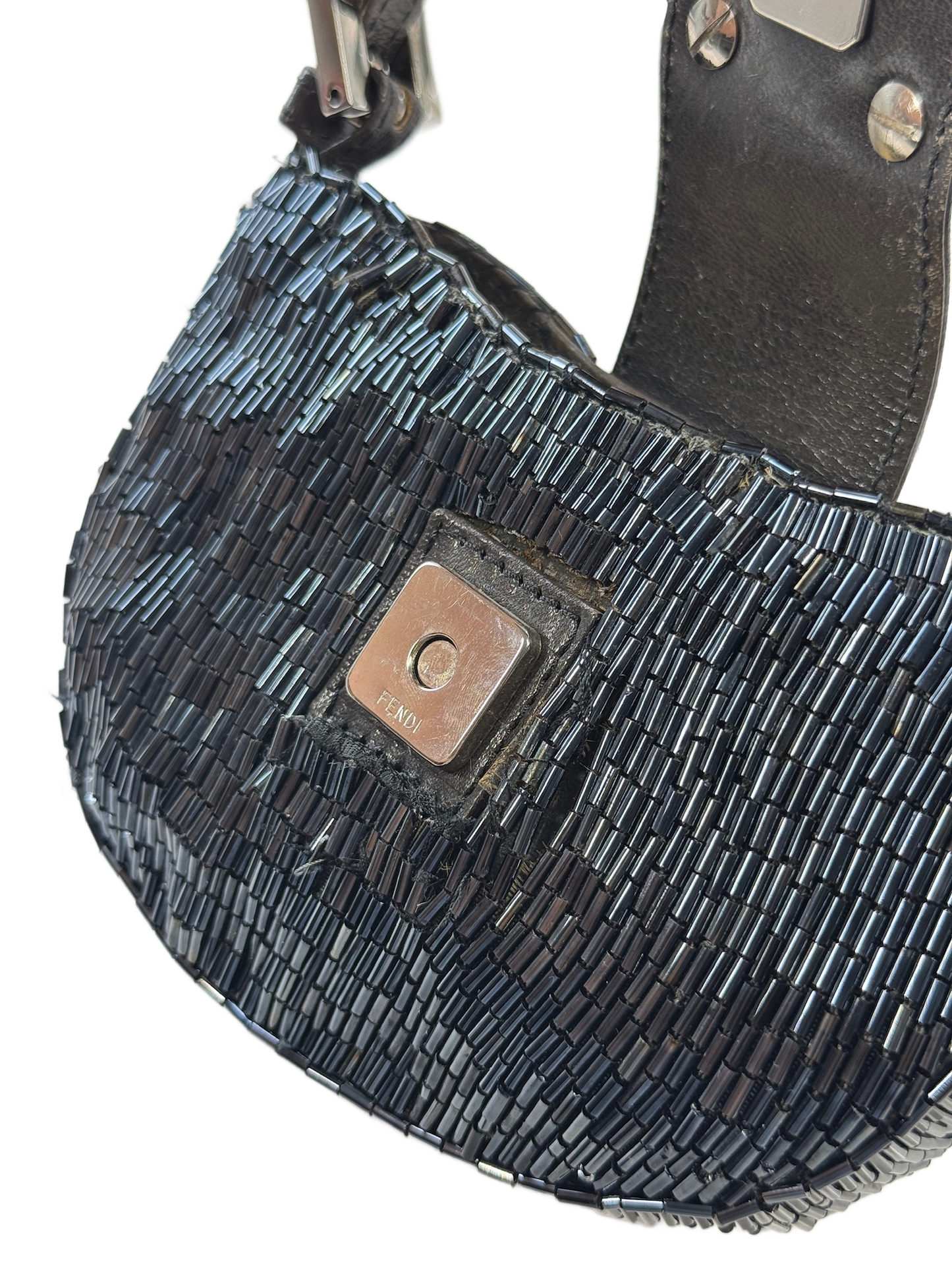 Fendi Vintage Iridescent Black Beaded Mini Croissant Baguette Bag
