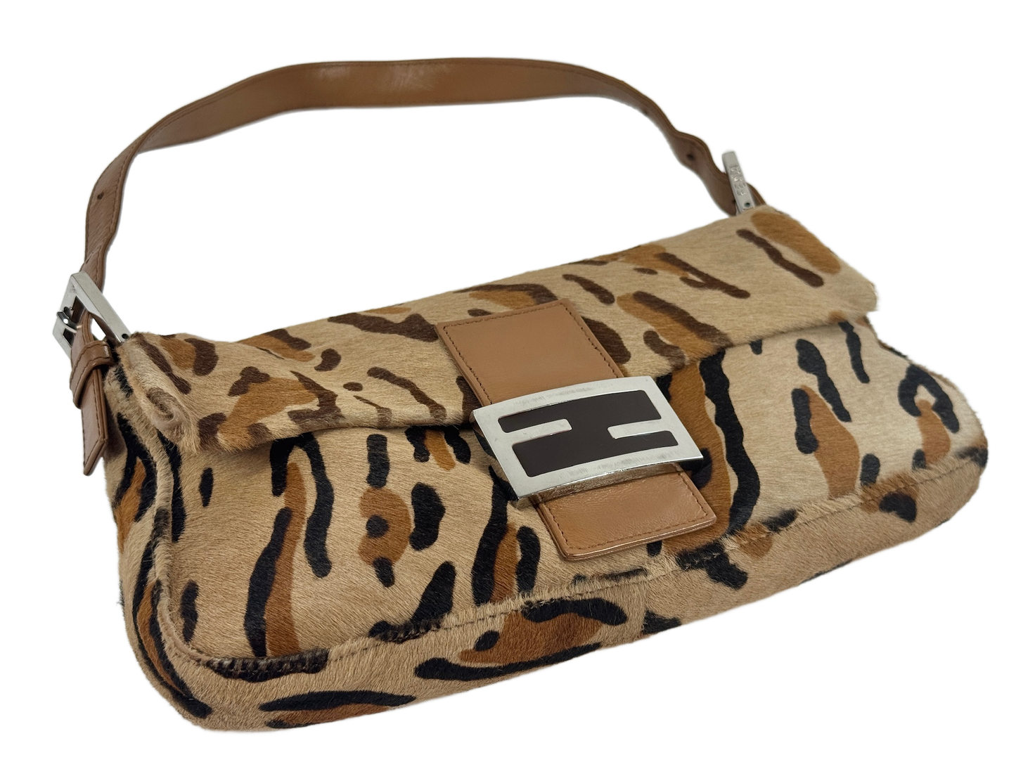Fendi Vintage Beige Brown Leopard Print Pony Hair Shoulder Baguette Bag