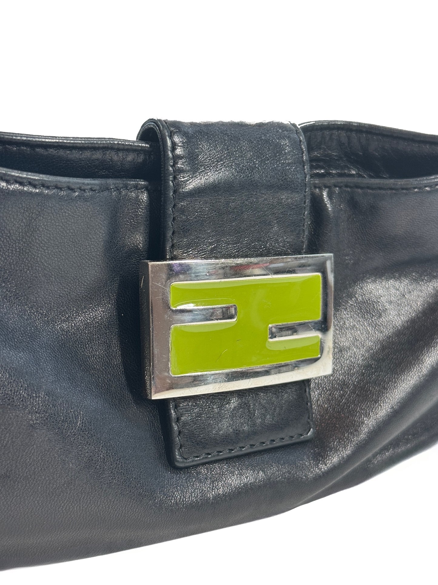 Fendi Vintage Black Lambskin Leather Green Logo Shoulder Baguette Bag