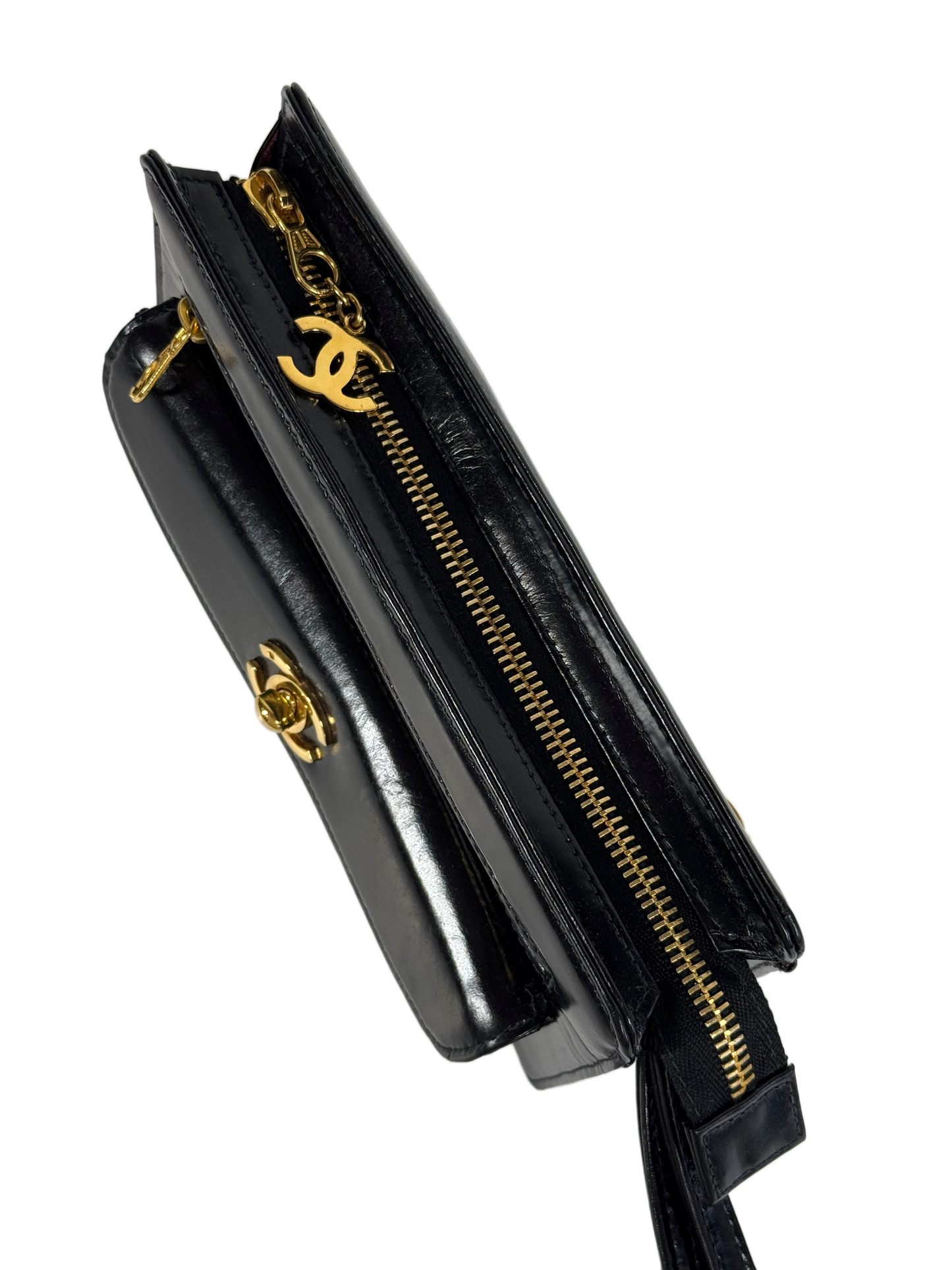 Chanel Vintage 90s Black Patent Leather CC Turnlock Wristlet Clutch Bag