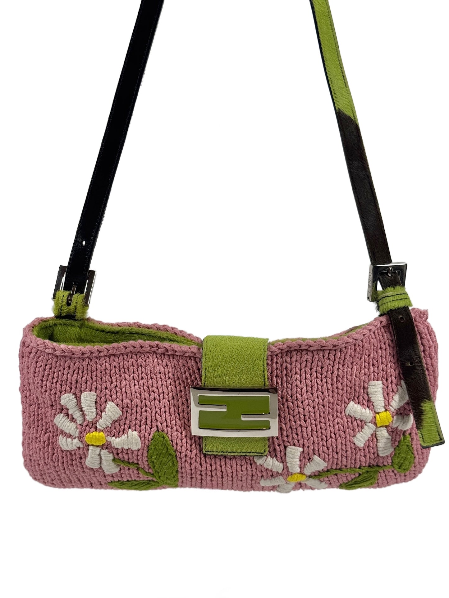 Fendi Vintage Pink Knit Floral Green Cow Print Pony Hair Trim Shoulder Baguette Bag