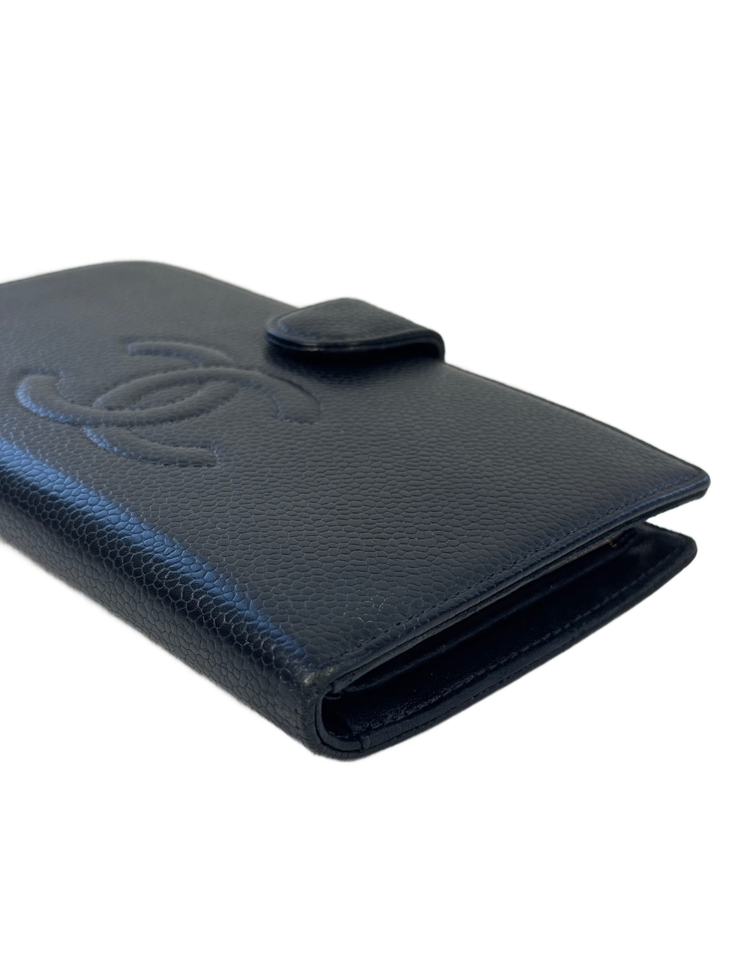 Chanel Vintage Black Caviar CC Logo Long Snap Bifold Wallet
