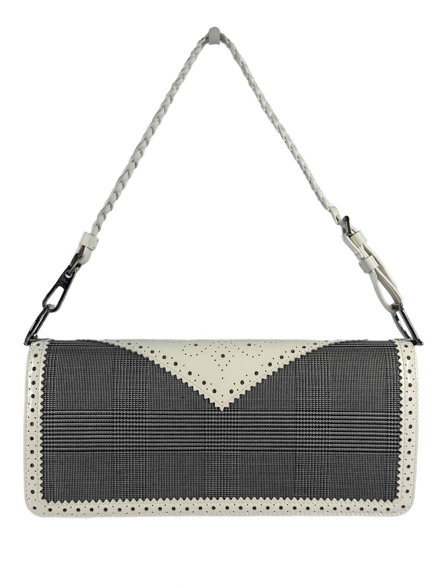 Dior Vintage 2004 Black & White Gingham Canvas & Patent Leather Pearl Trim Shoulder Pochette Bag