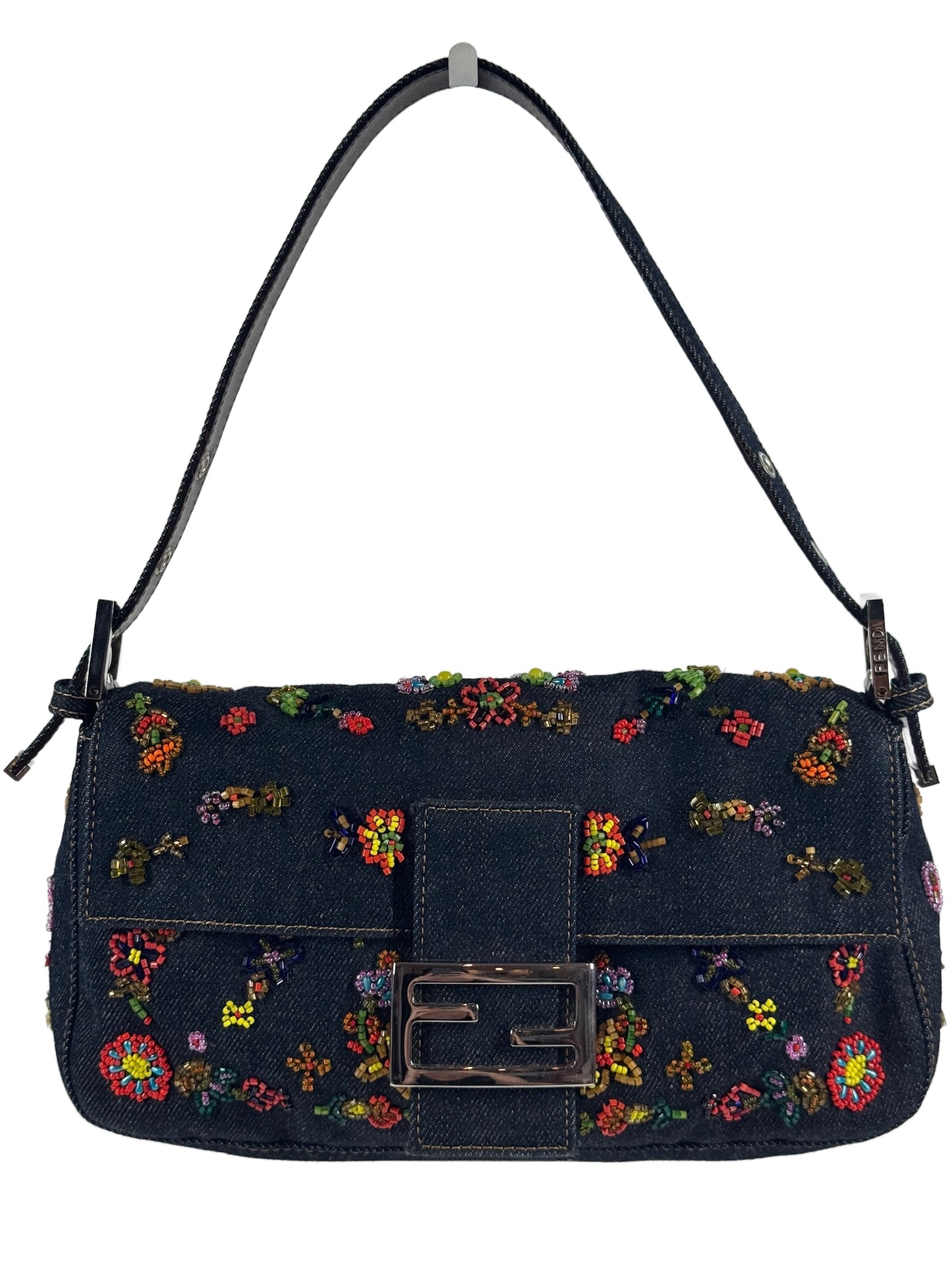 Fendi Vintage Blue Denim Floral Embroidered Beaded Shoulder Baguette Bag