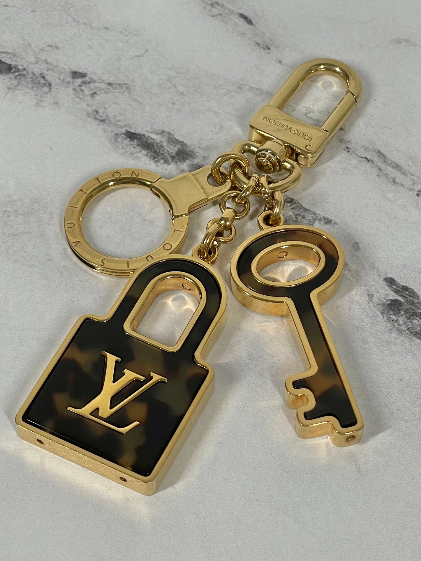 Louis Vuitton Vintage Monogram Resin Tortoise & Gold Lock & Key Bag Charm & Key Holder