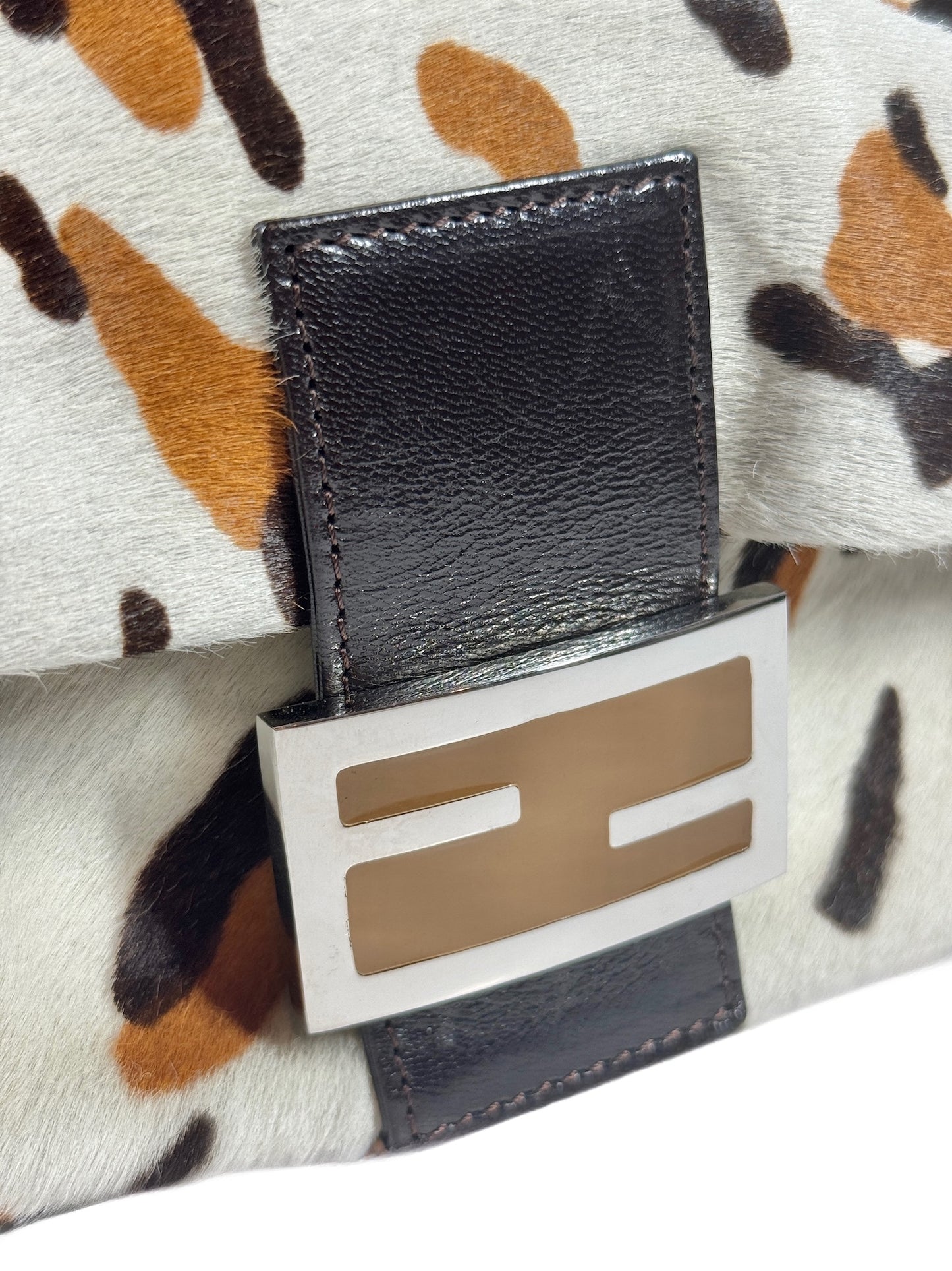 Fendi Vintage White & Brown Leopard Print Pony Hair Mamma Baguette Shoulder Bag