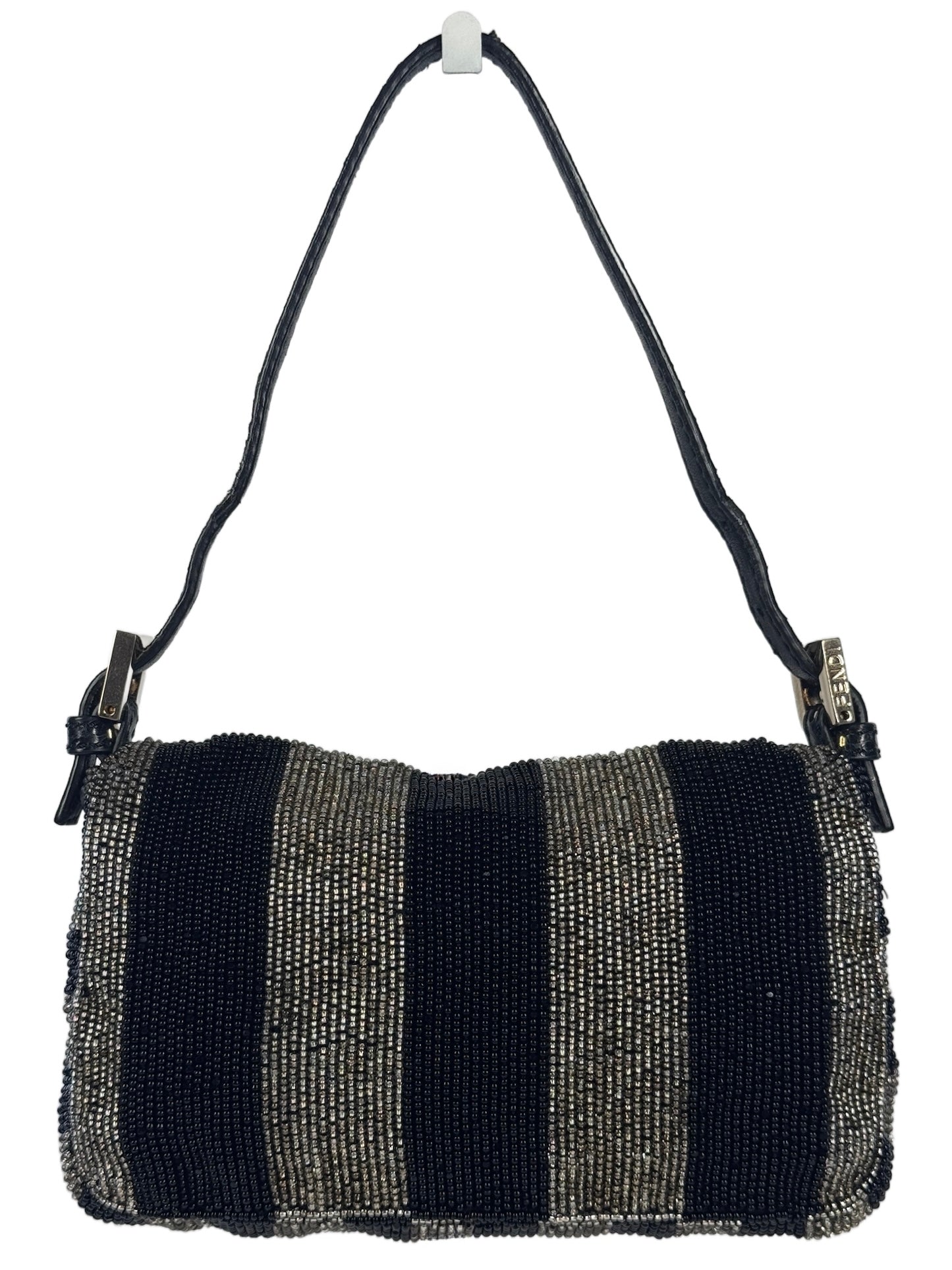 Fendi Vintage Black & Silver Metallic Striped Beaded Crystal Embellished Logo Mini Baguette w Snakeskin Trim