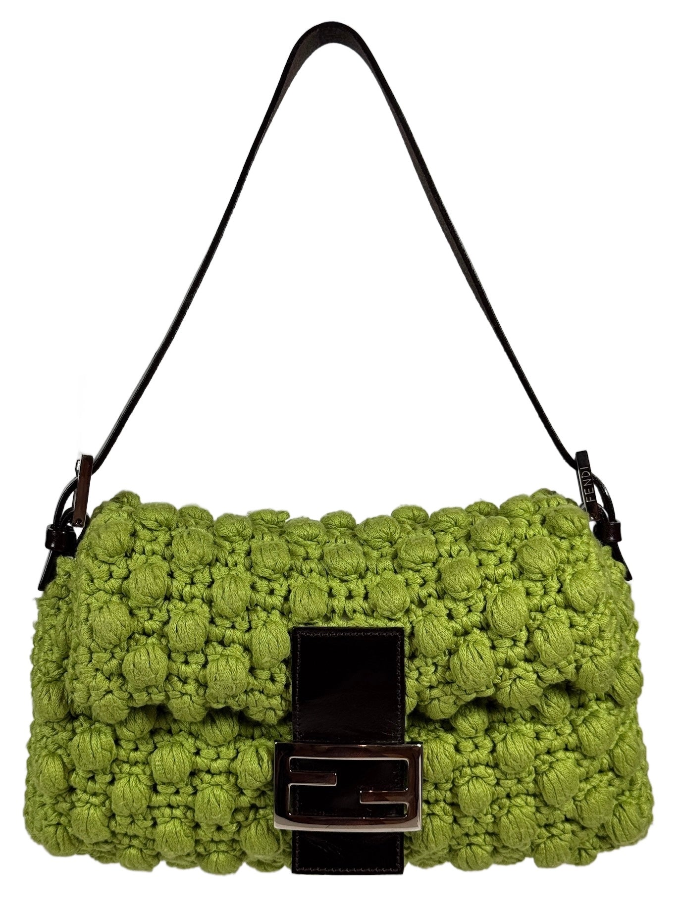 Fendi Vintage Lime Green Crochet Knit Shoulder Baguette Bag – Old