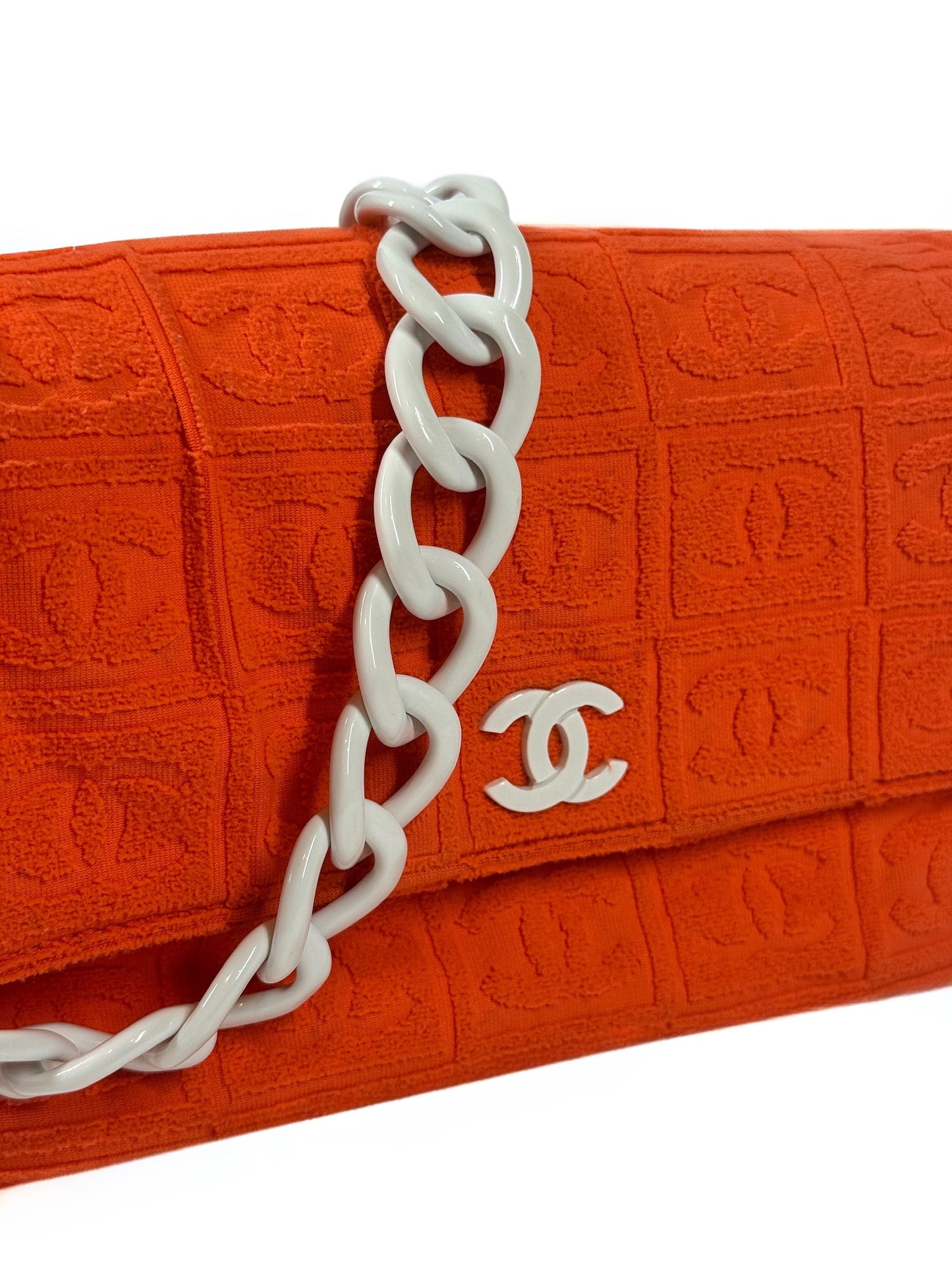 Chanel Vintage 00s Orange CC Logo Terry Cloth Sport Line Flap Bag w White Resin Chainlink Hardware
