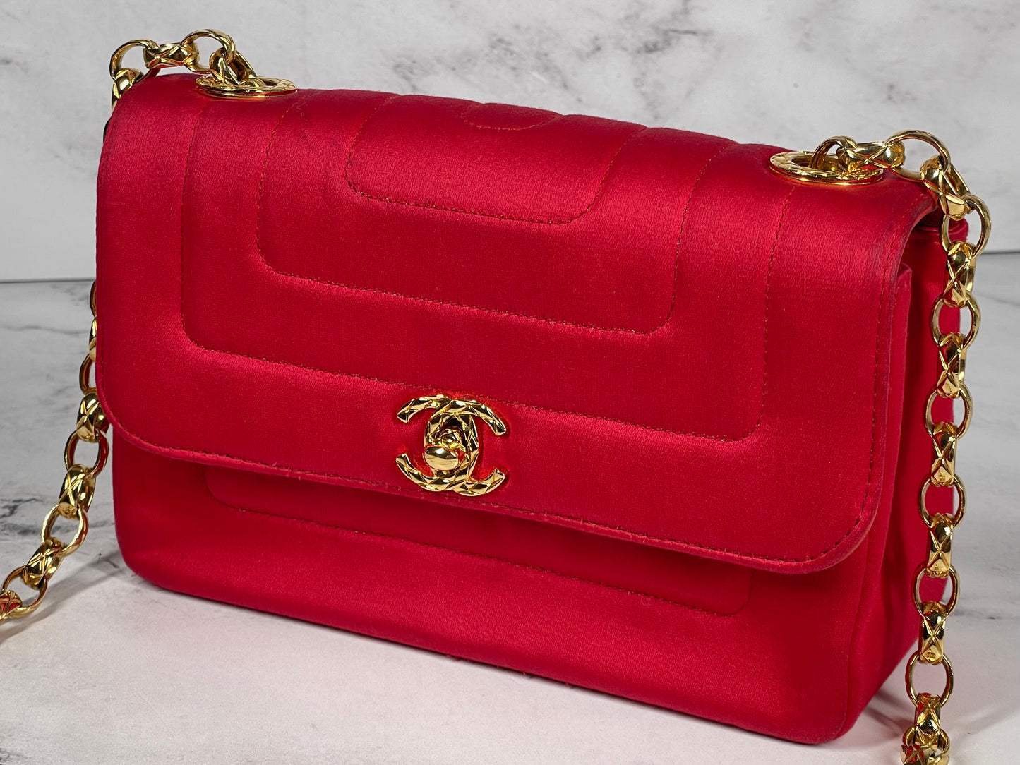 Chanel Vintage 2 Series Red Satin Classic Mini Flap Bag w Bijoux Chain w 24K GPHW