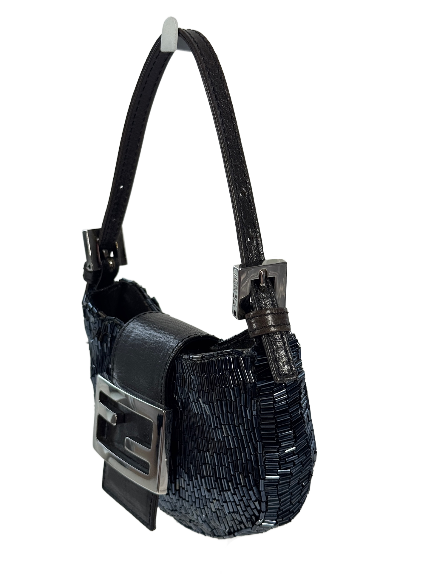 Fendi Vintage Iridescent Black Beaded Mini Croissant Baguette Bag