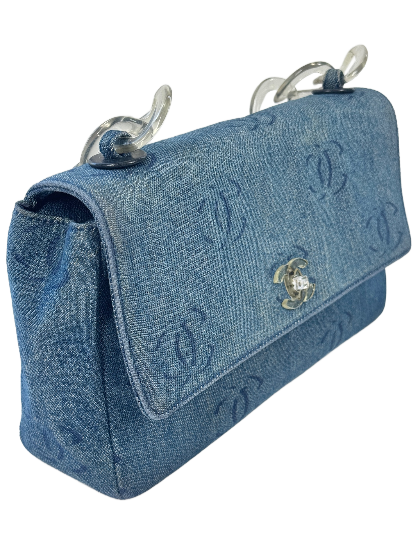 Chanel Vintage 00s Blue Denim CC Print Acrylic Chain Strap Single Flap Bag