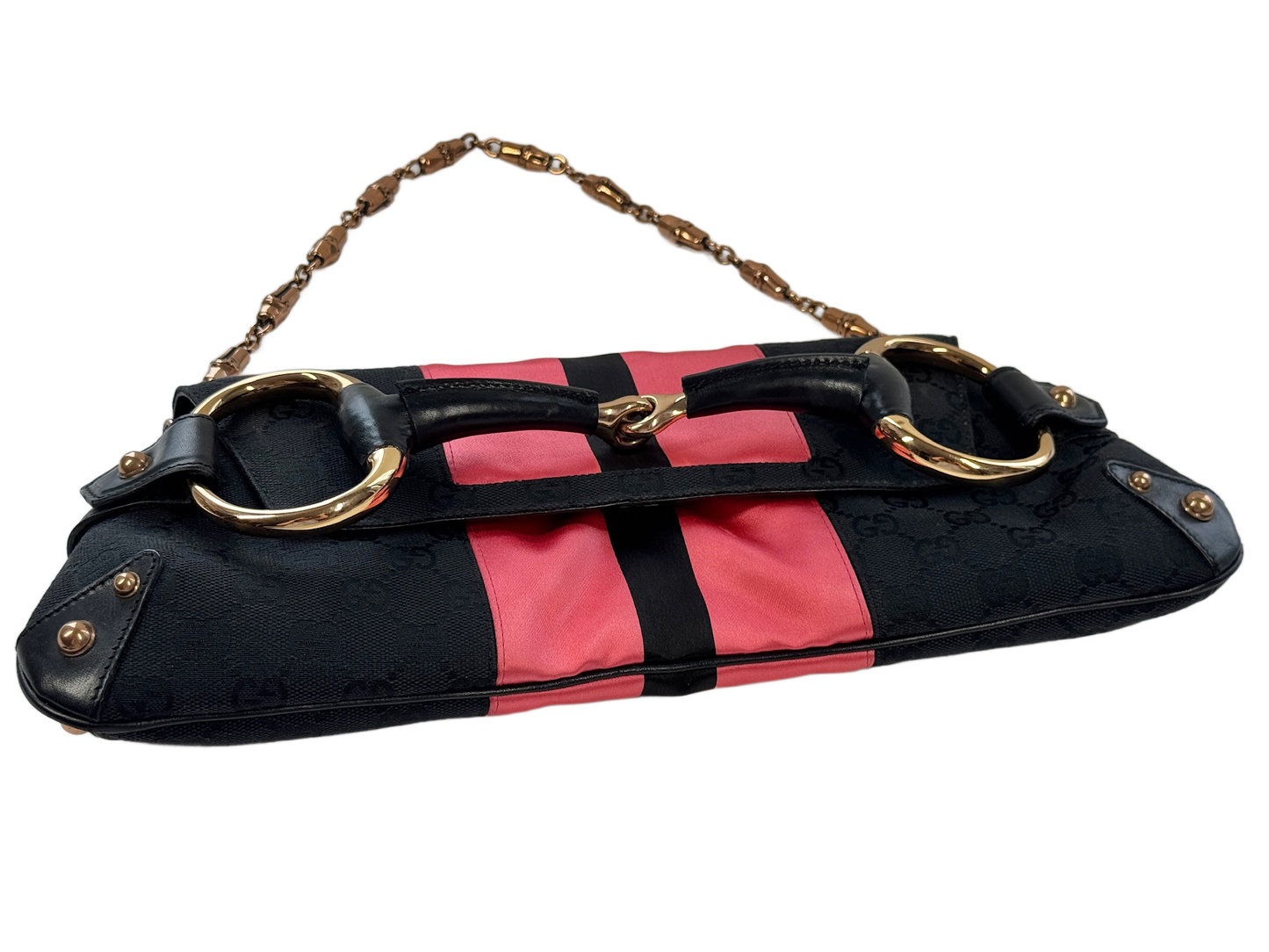 Gucci Vintage Black GG Monogram Gold Horsebit Pink Satin Striped Bamboo Chain Large Shoulder Clutch Bag