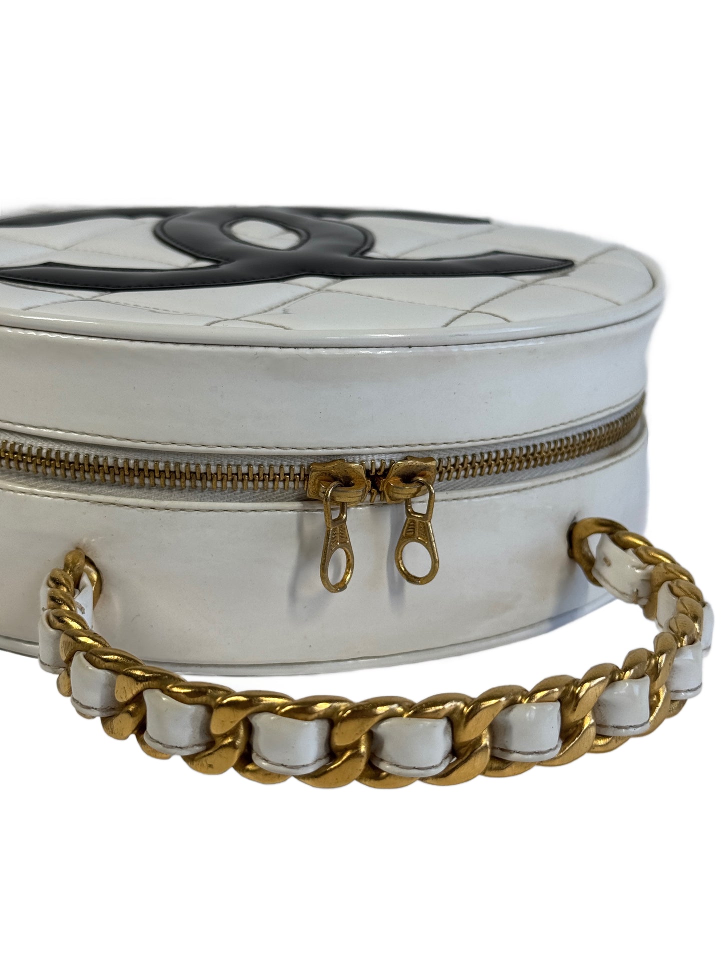 Chanel Vintage Spring 1995 Quilted White & Black Patent Leather CC Round Vanity Bag