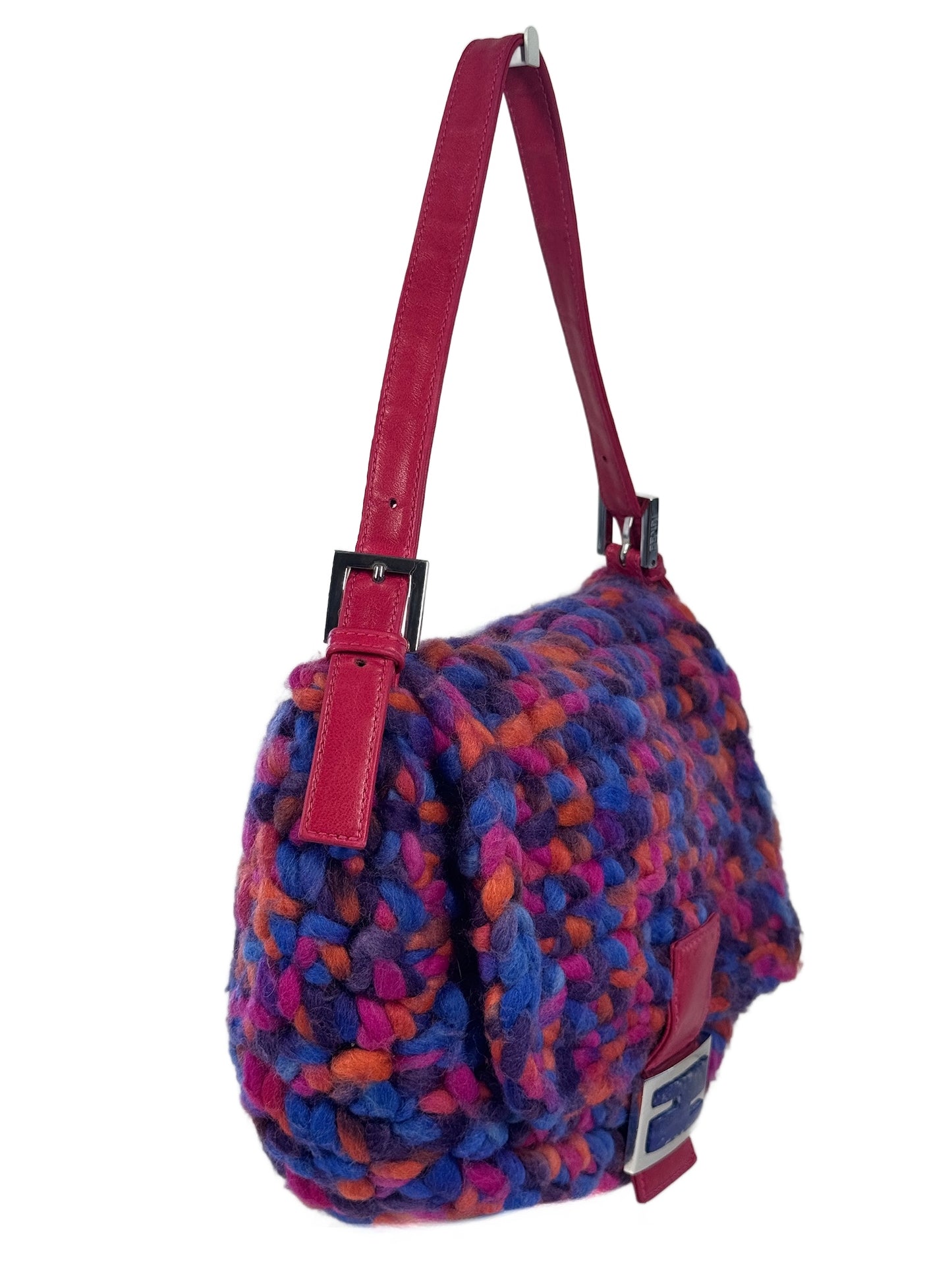 Fendi Vintage Fuchsia Pink Purple Multicolor Braided Wool Mamma Baguette Baguette Bag