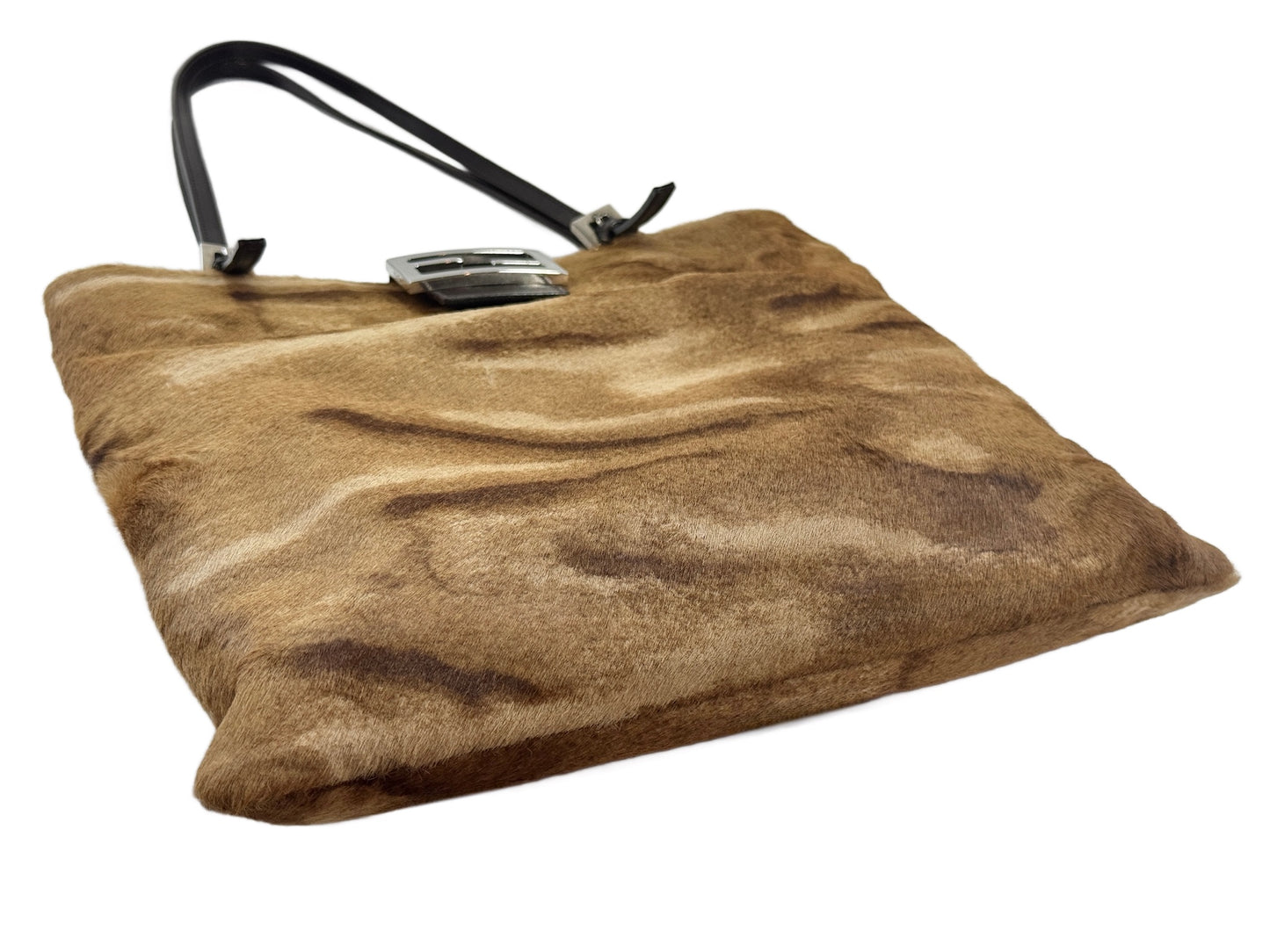Fendi Vintage Beige Brown Giraffe Print Pony Hair Shoulder Baguette Tote Bag