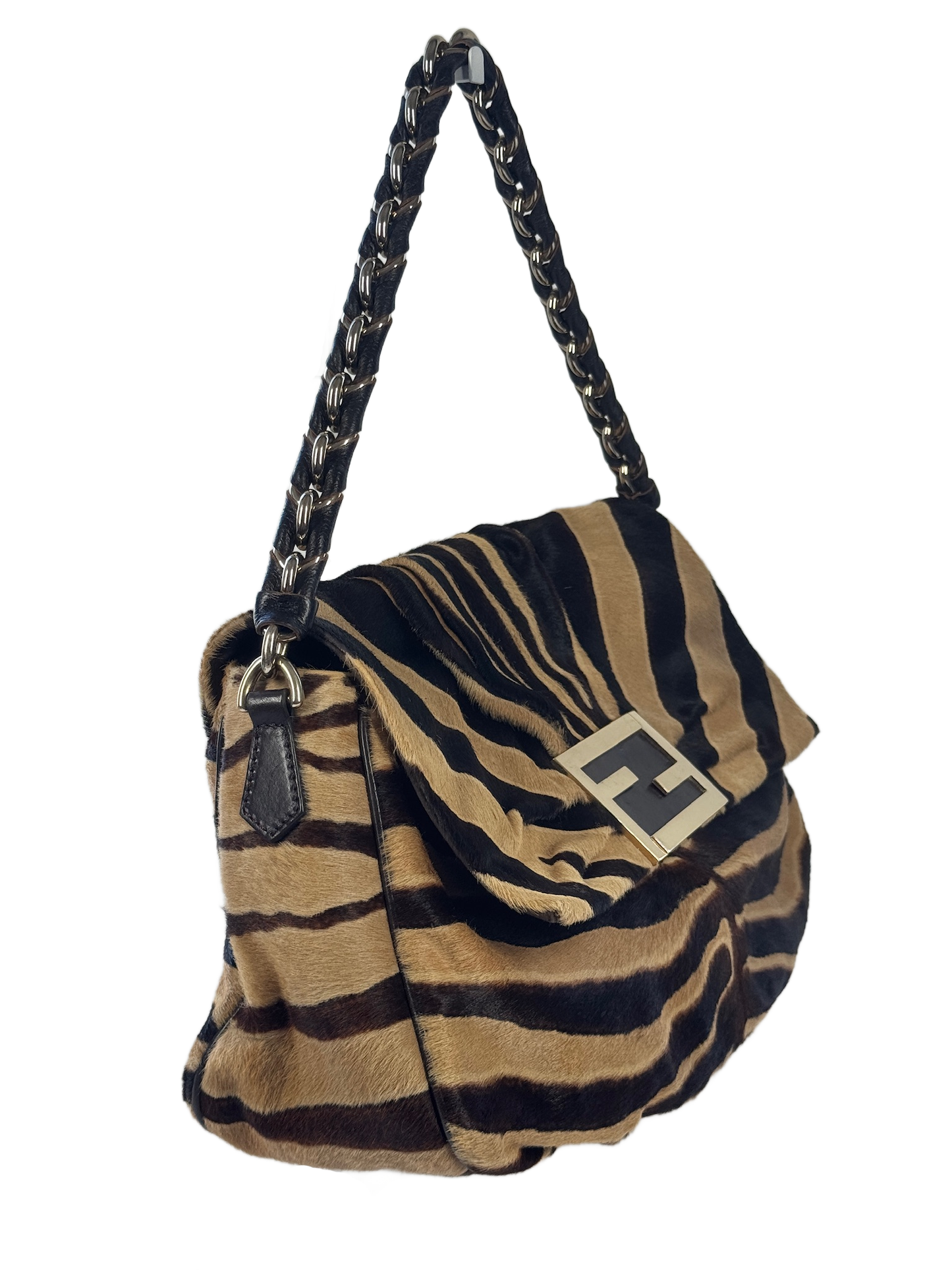 Fendi Vintage Beige & Brown Zebra Print Pony Hair Medium Chain Shoulder Bag