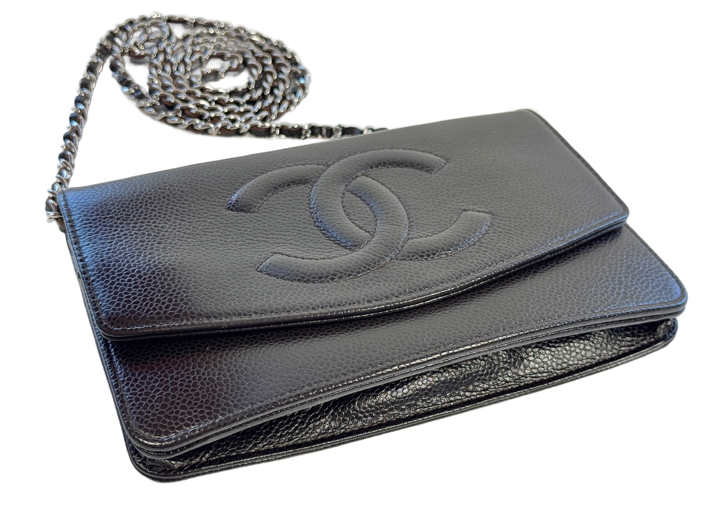 Chanel Vintage 00s Black Caviar CC Logo Timeless Wallet On Chain Crossbody Bag