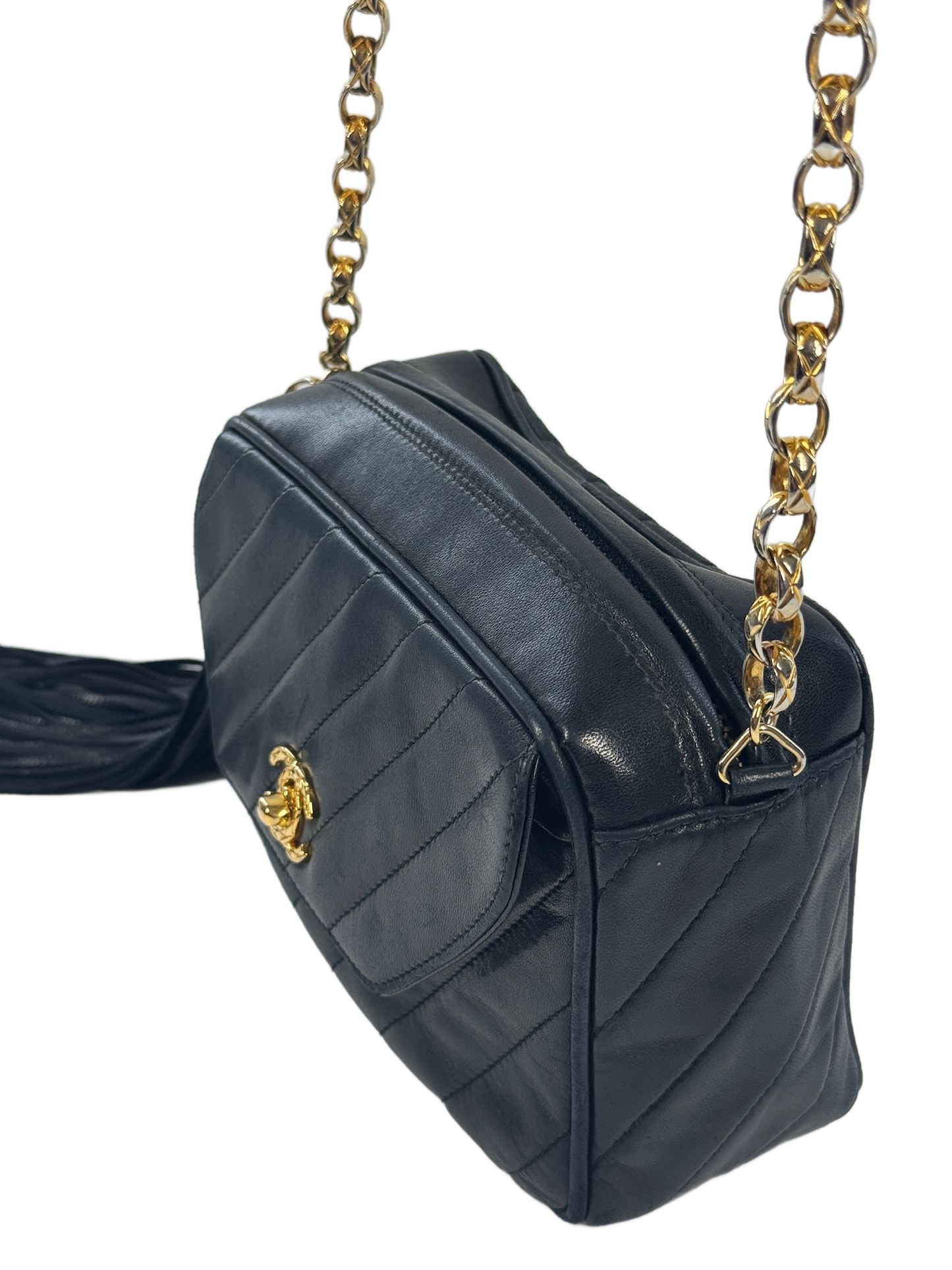 Chanel Vintage 90s Navy Blue Diagonal Quilted Lambskin Leather Tassel Camera Bag w 24K Gold Plated Hardware