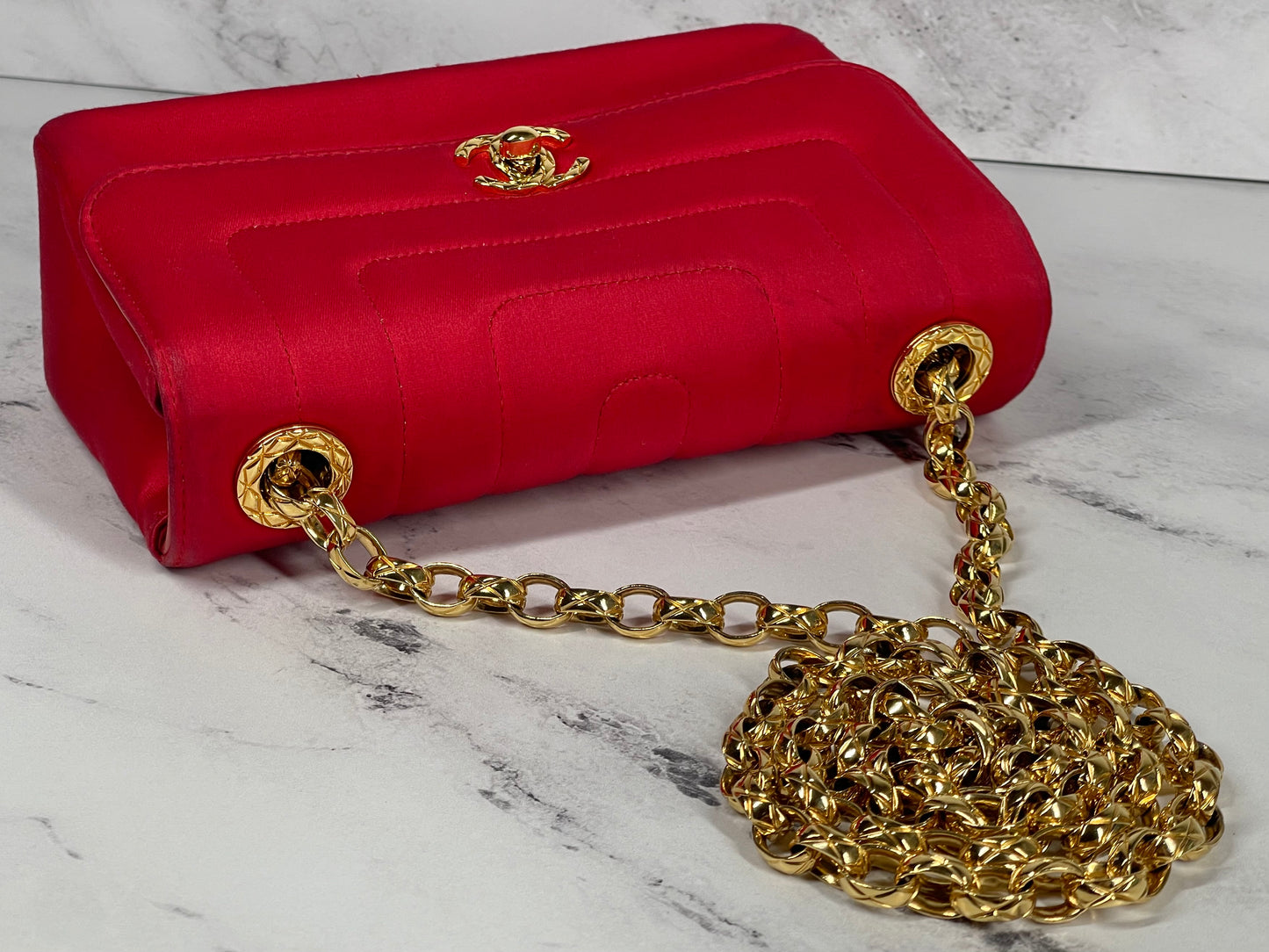 Chanel Vintage 2 Series Red Satin Classic Mini Flap Bag w Bijoux Chain w 24K GPHW