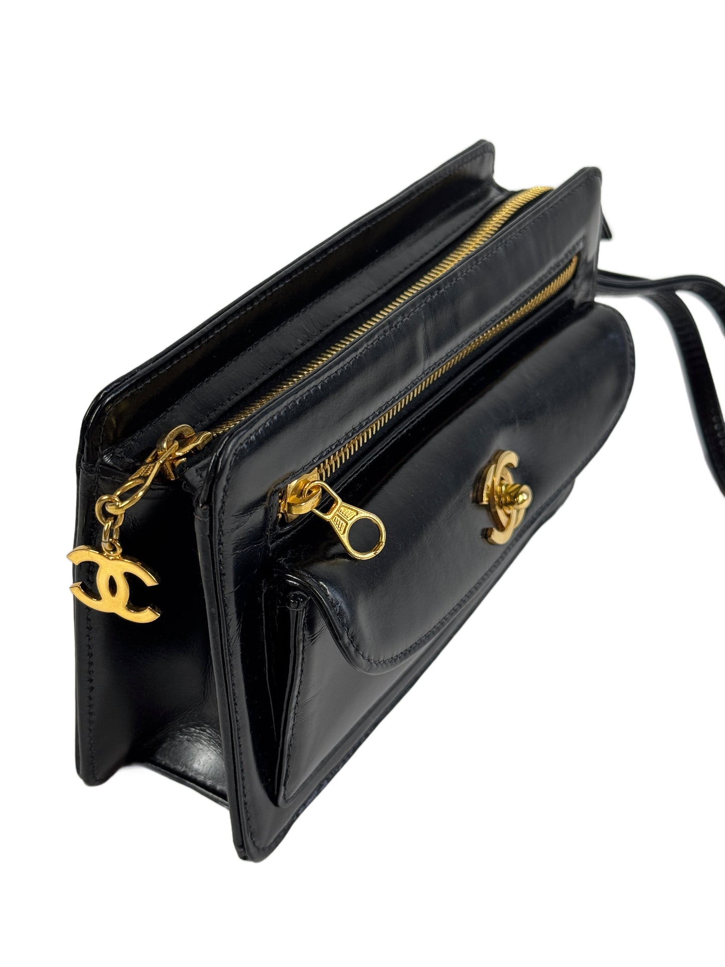 Chanel Vintage 90s Black Patent Leather CC Turnlock Wristlet Clutch Bag