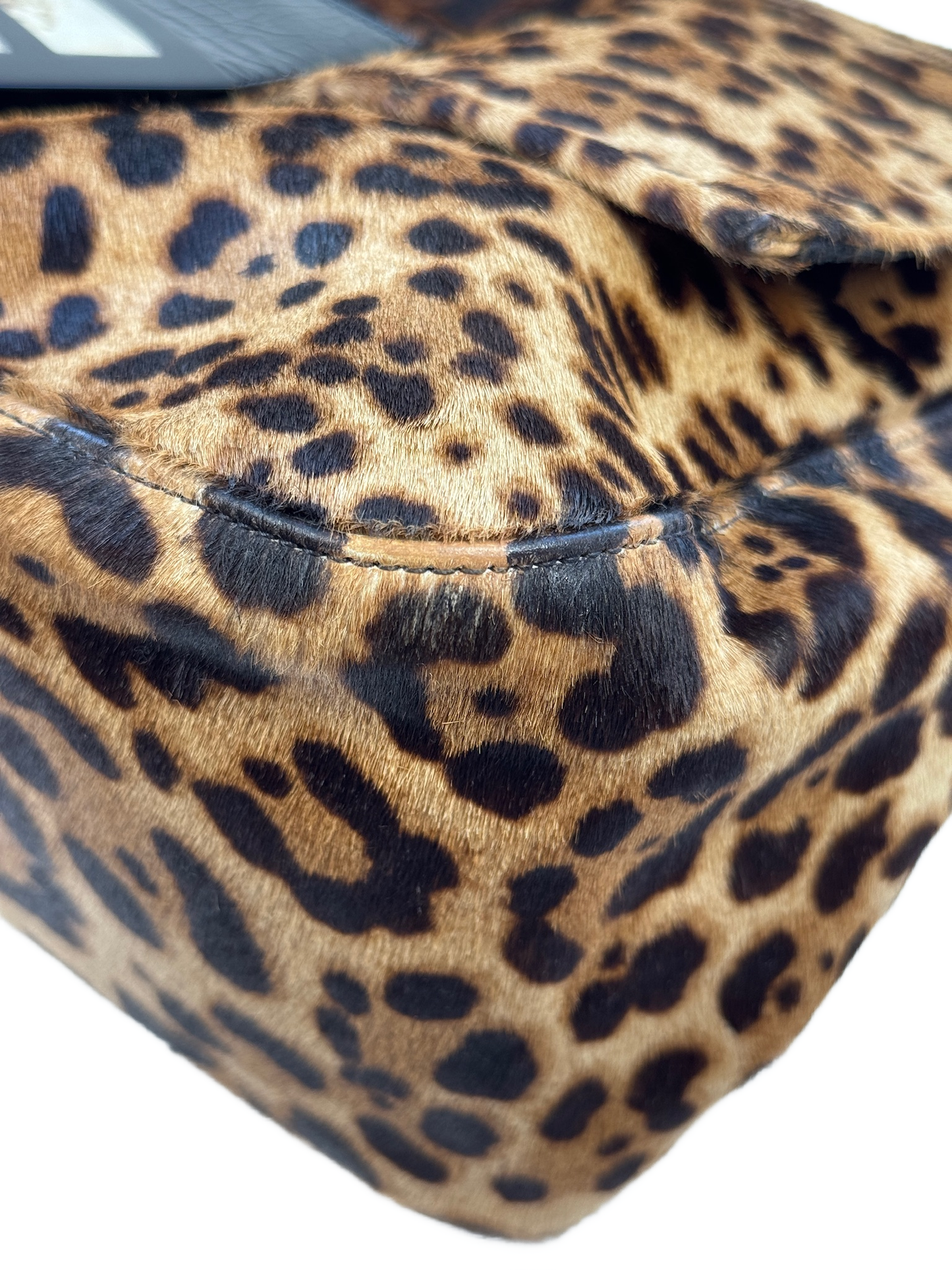 Fendi Vintage Brown Leopard Print Pony Hair w Black Patent Leather Trim XL Jumbo Mamma Baguette Shoulder Bag