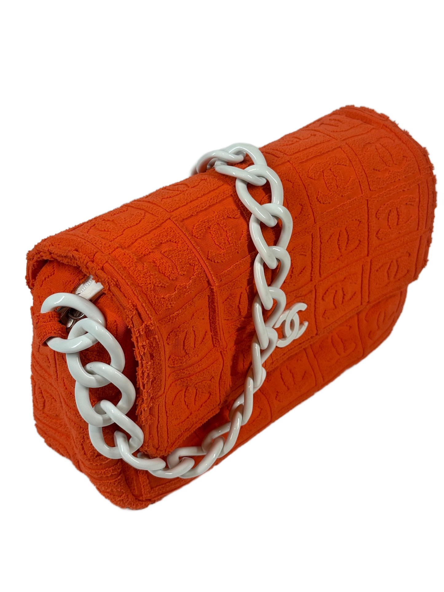 Chanel Vintage 00s Orange CC Logo Terry Cloth Sport Line Flap Bag w White Resin Chainlink Hardware