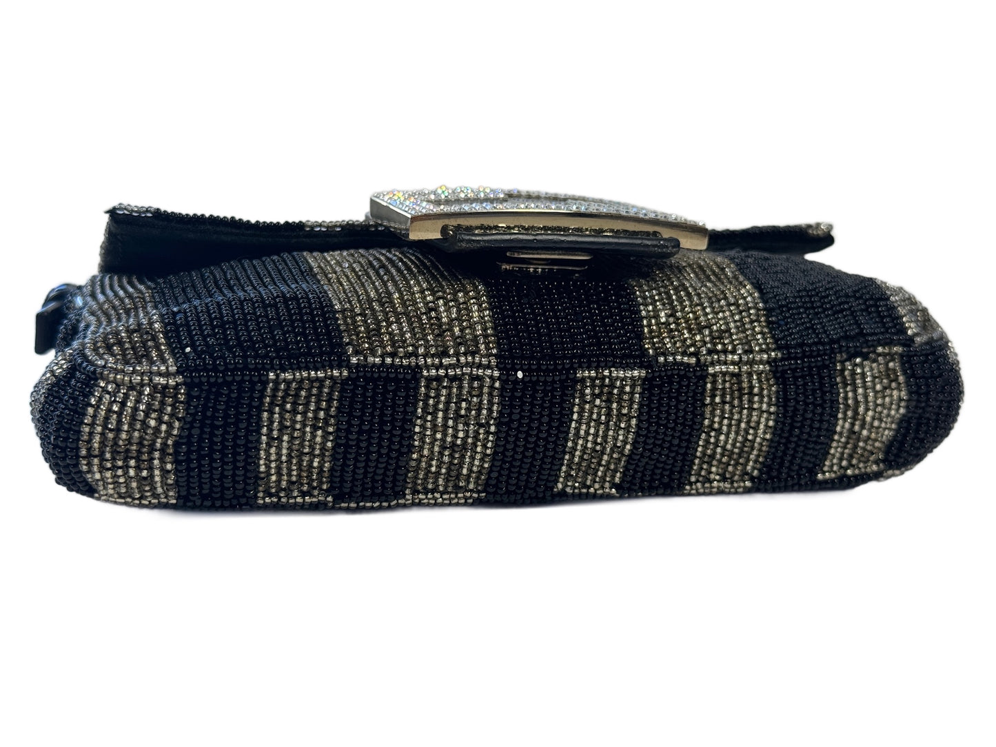 Fendi Vintage Black & Silver Metallic Striped Beaded Crystal Embellished Logo Mini Baguette w Snakeskin Trim