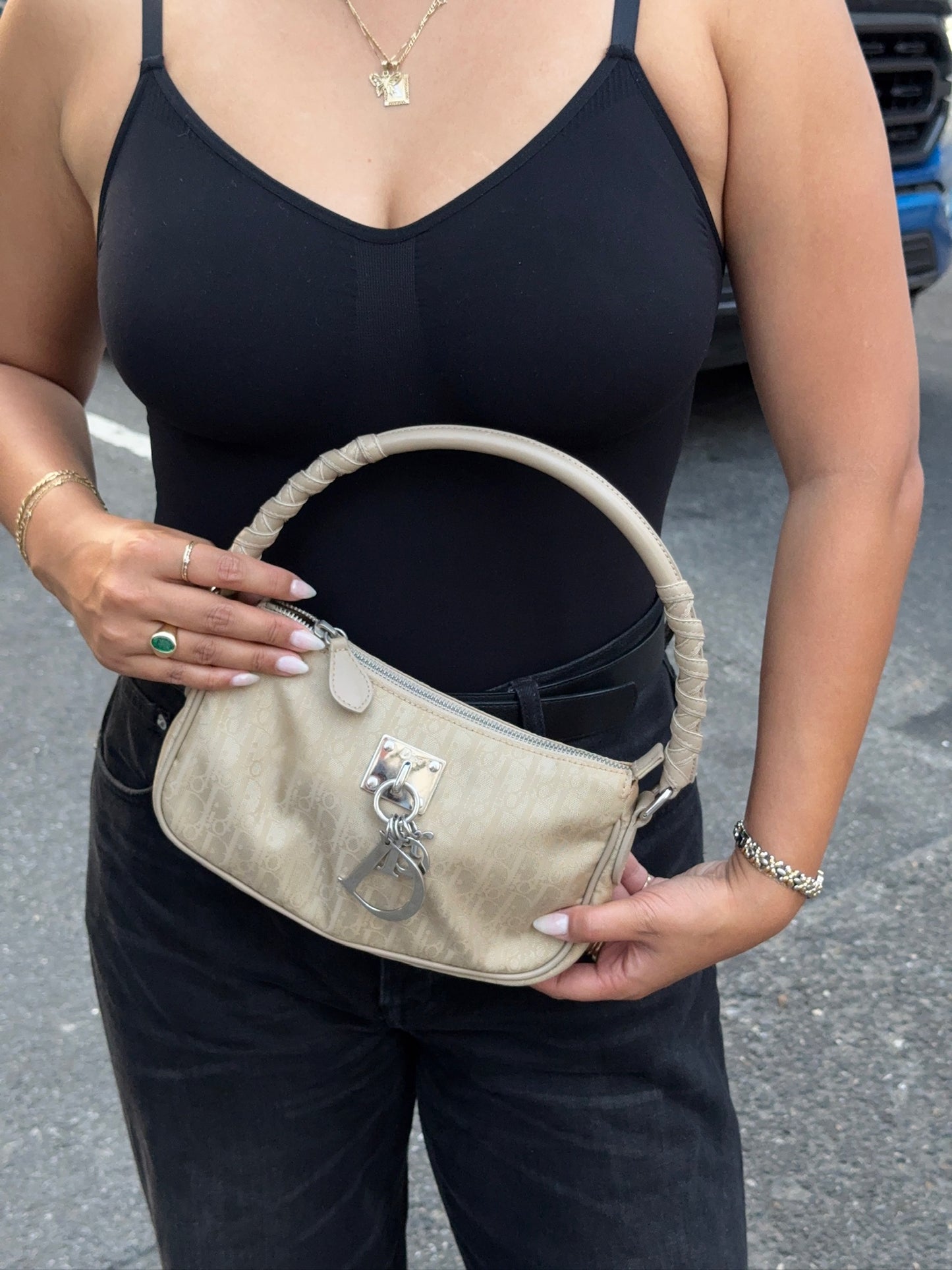 Dior Vintage 2007 Beige Satin Trotter Diorissimo Monogram Pochette Shoulder Bag