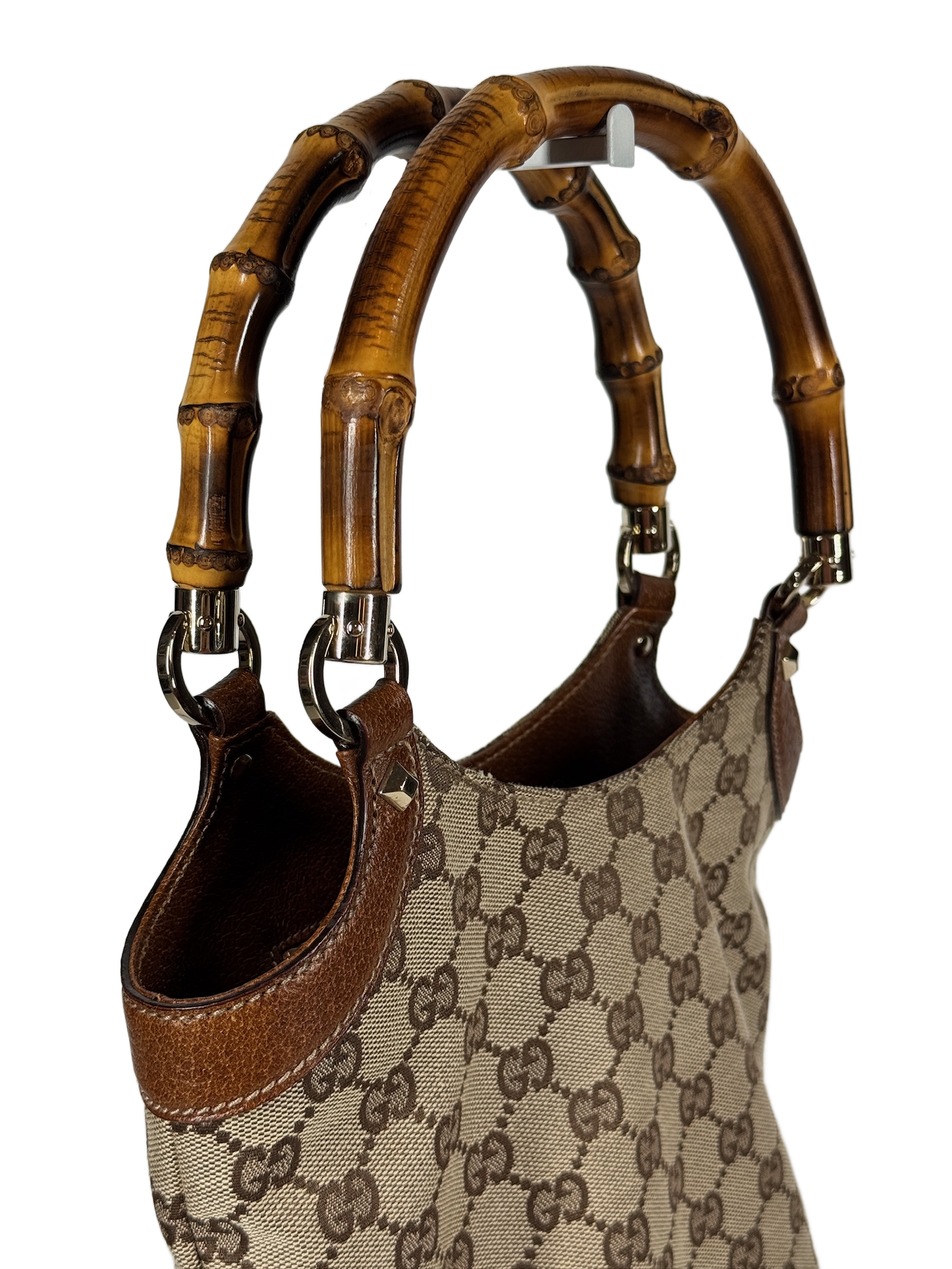 Gucci Vintage Brown GG Monogram Canvas Brown Leather Trim Bamboo Top Handle Bucket Bag