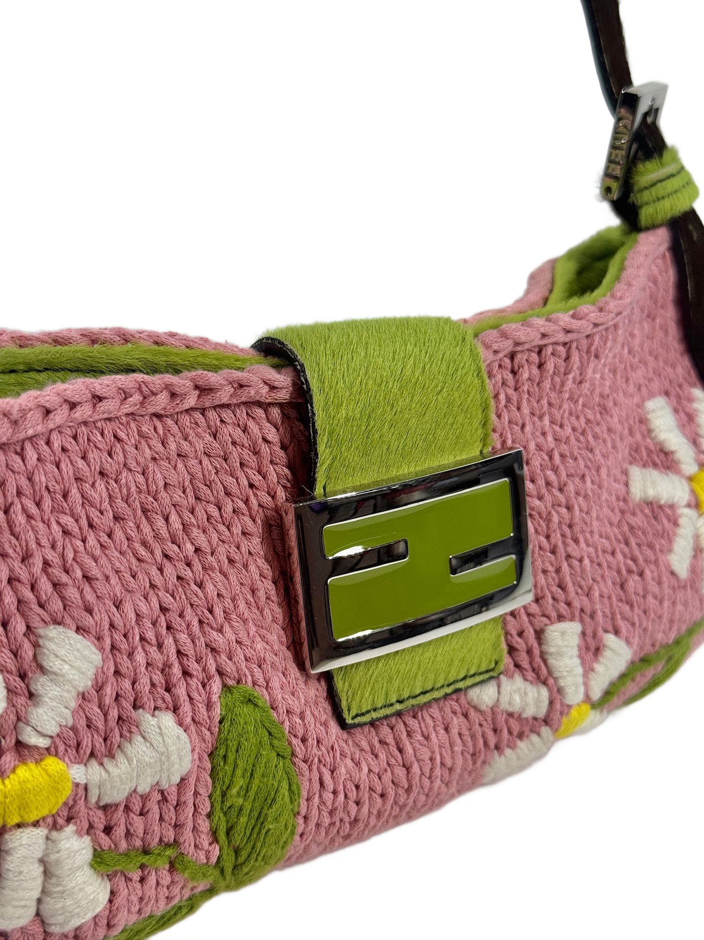Fendi Vintage Pink Knit Floral Green Cow Print Pony Hair Trim Shoulder Baguette Bag