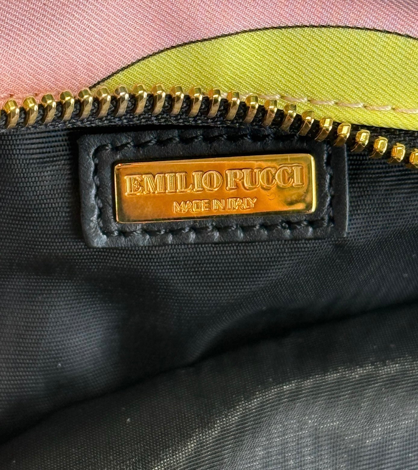 Emilio Pucci Multicolor Nylon Mini Top Handle Cosmetic Pouch Bag w Black Leather Trim