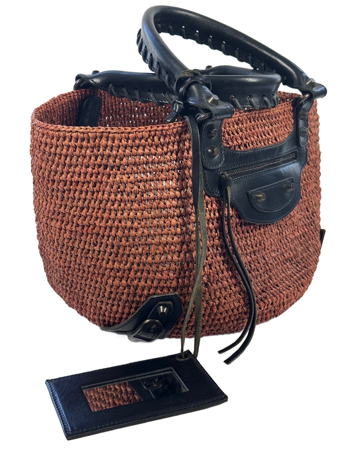 Balenciaga Vintage Borsa Panier Classic Raffia Motocross City Bag in Marrone & Black