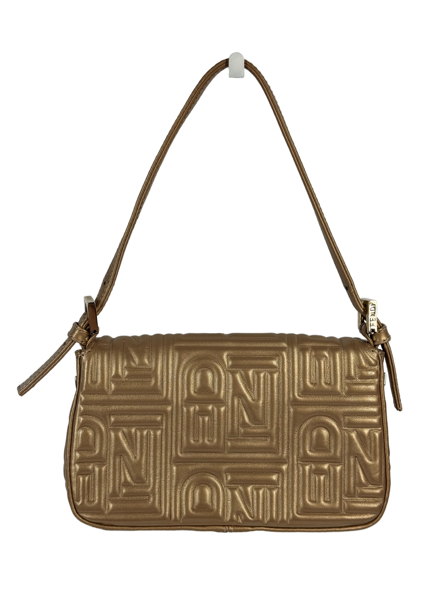 Fendi Metallic Gold Nappa Embossed Logo Leather Mini Baguette Pochette Shoulder Bag