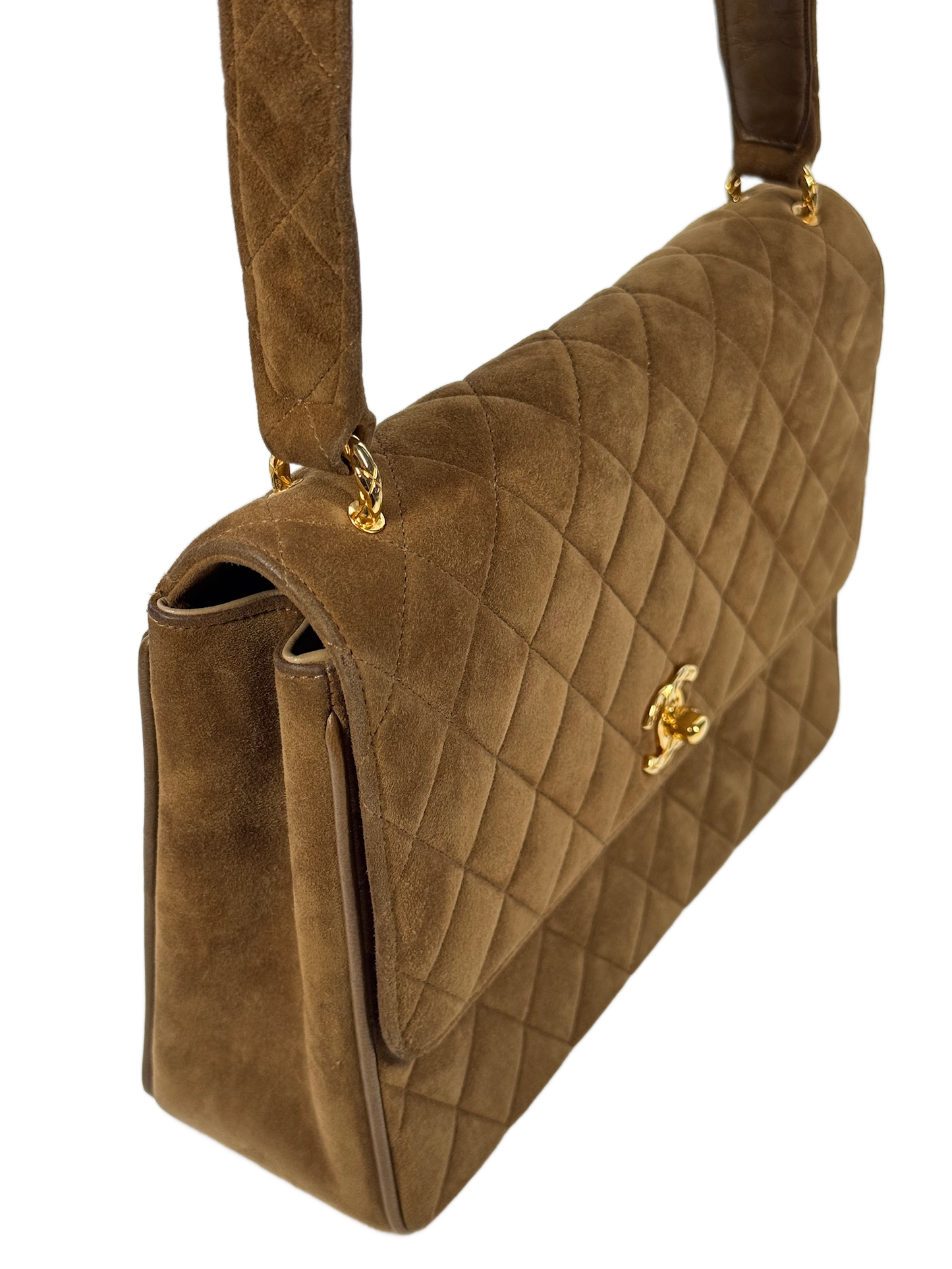 Chanel Vintage 90s Light Brown Quilted Suede Quilted Medium Classic Flap Shoulder Crossbody Bag w 24K Gold Plated Hardware