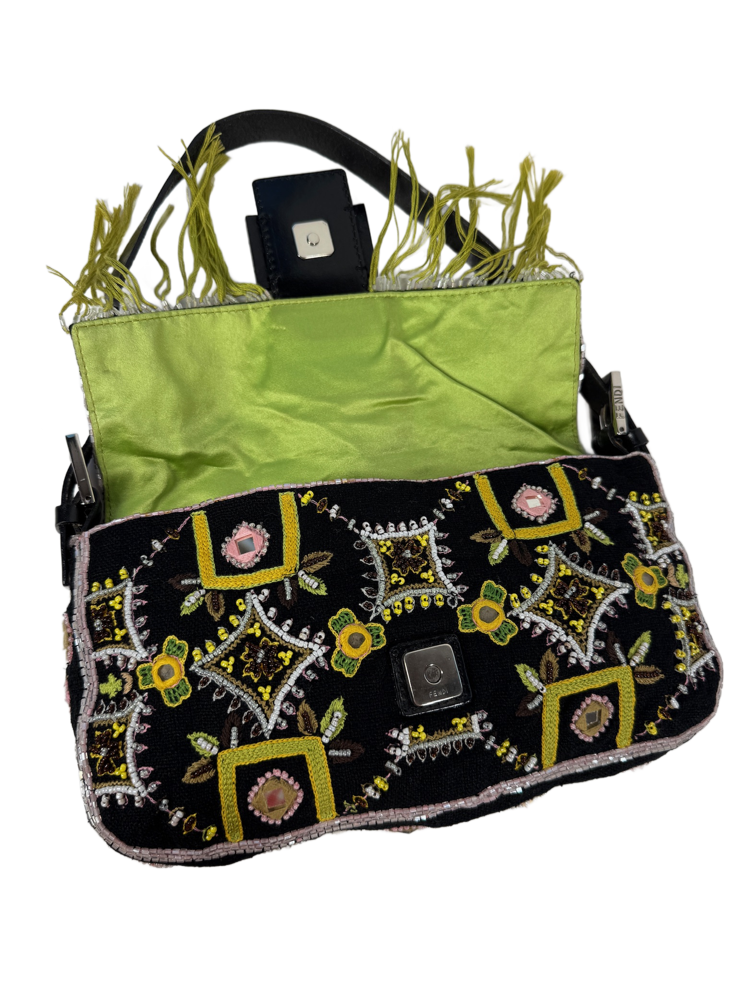 Fendi Vintage Black Knit Embroidered Pink Beaded Green Fringe Baguette Shoulder Bag
