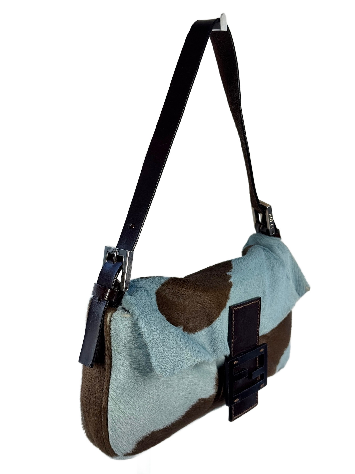 Fendi Vintage Blue & Brown Cow Animal Print Pony Hair Shoulder Baguette Bag