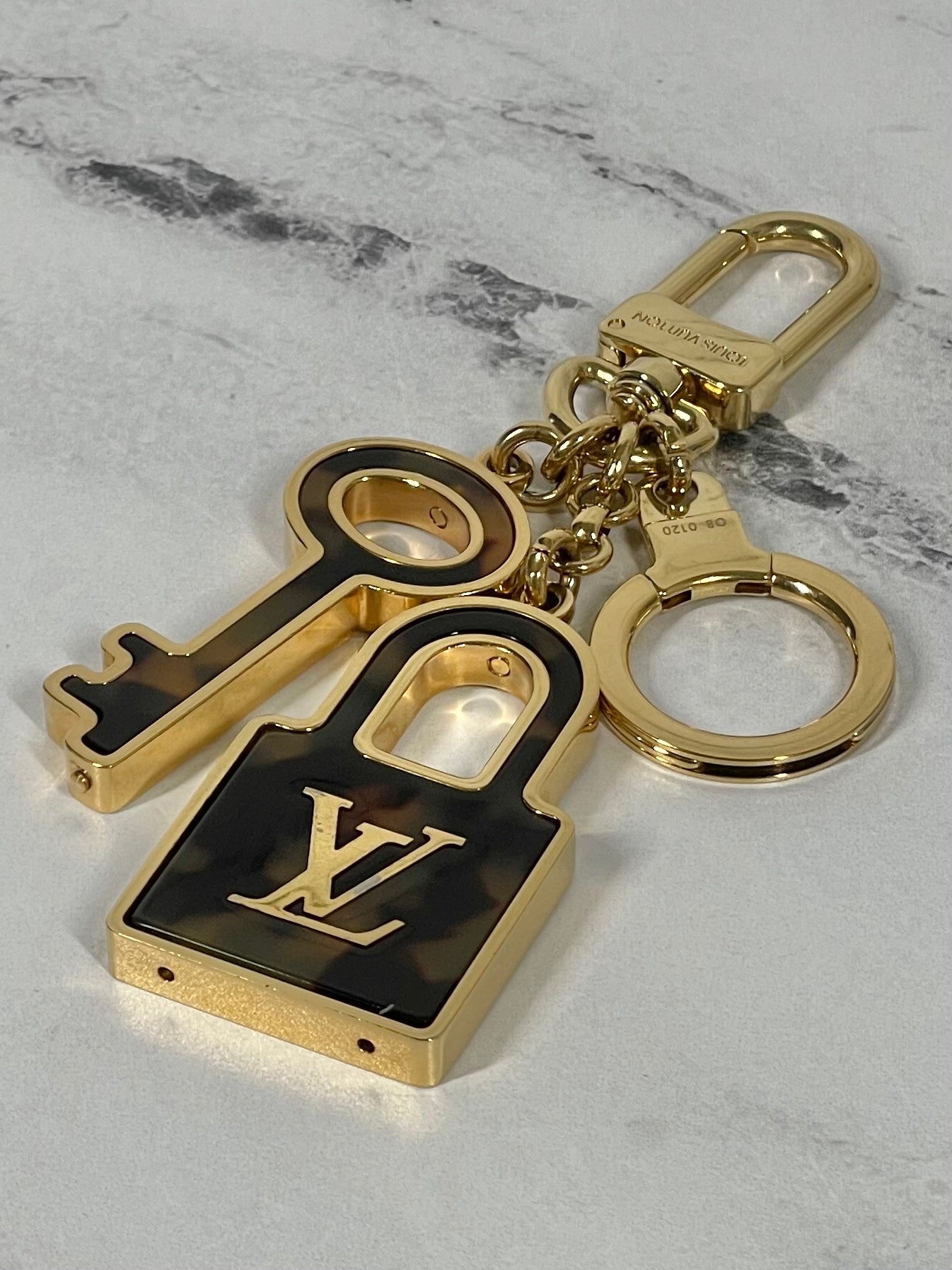 Louis Vuitton Vintage Monogram Resin Tortoise & Gold Lock & Key Bag Charm & Key Holder