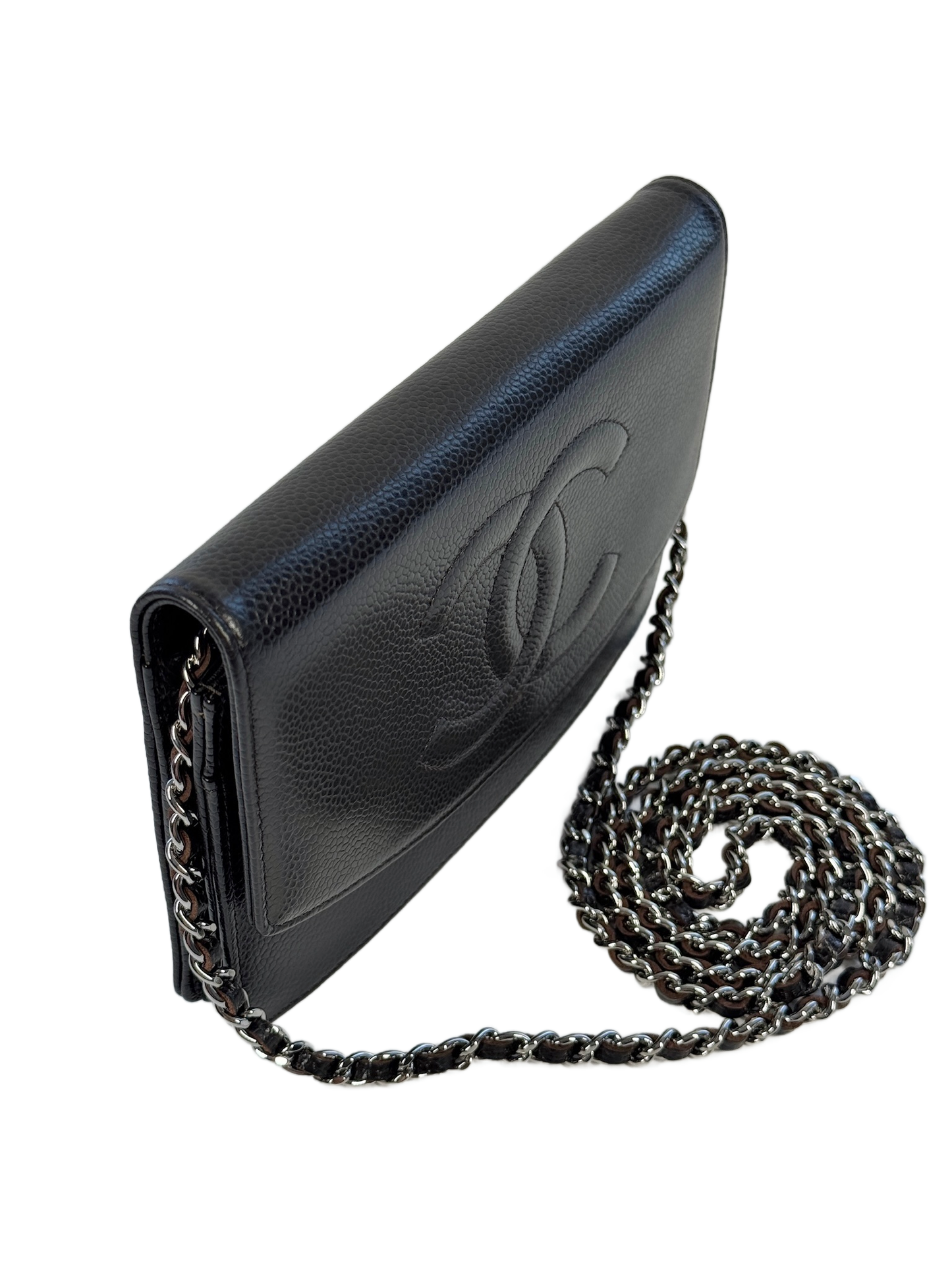 Chanel Vintage 00s Black Caviar CC Logo Timeless Wallet On Chain Crossbody Bag