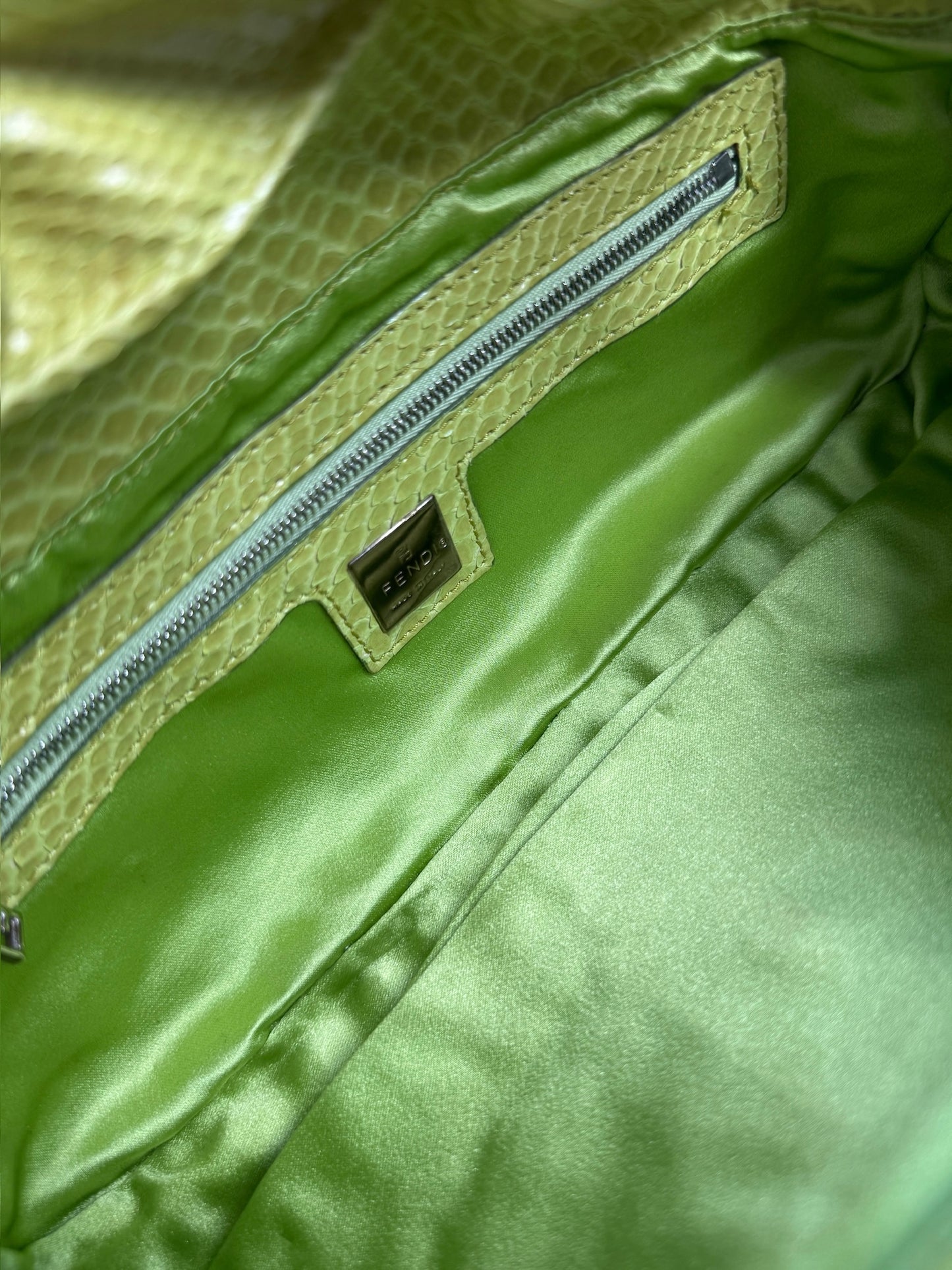 Fendi Vintage Black Knit Floral Beaded Embroidered Baguette Shoulder Bag w Green Lizard Trim