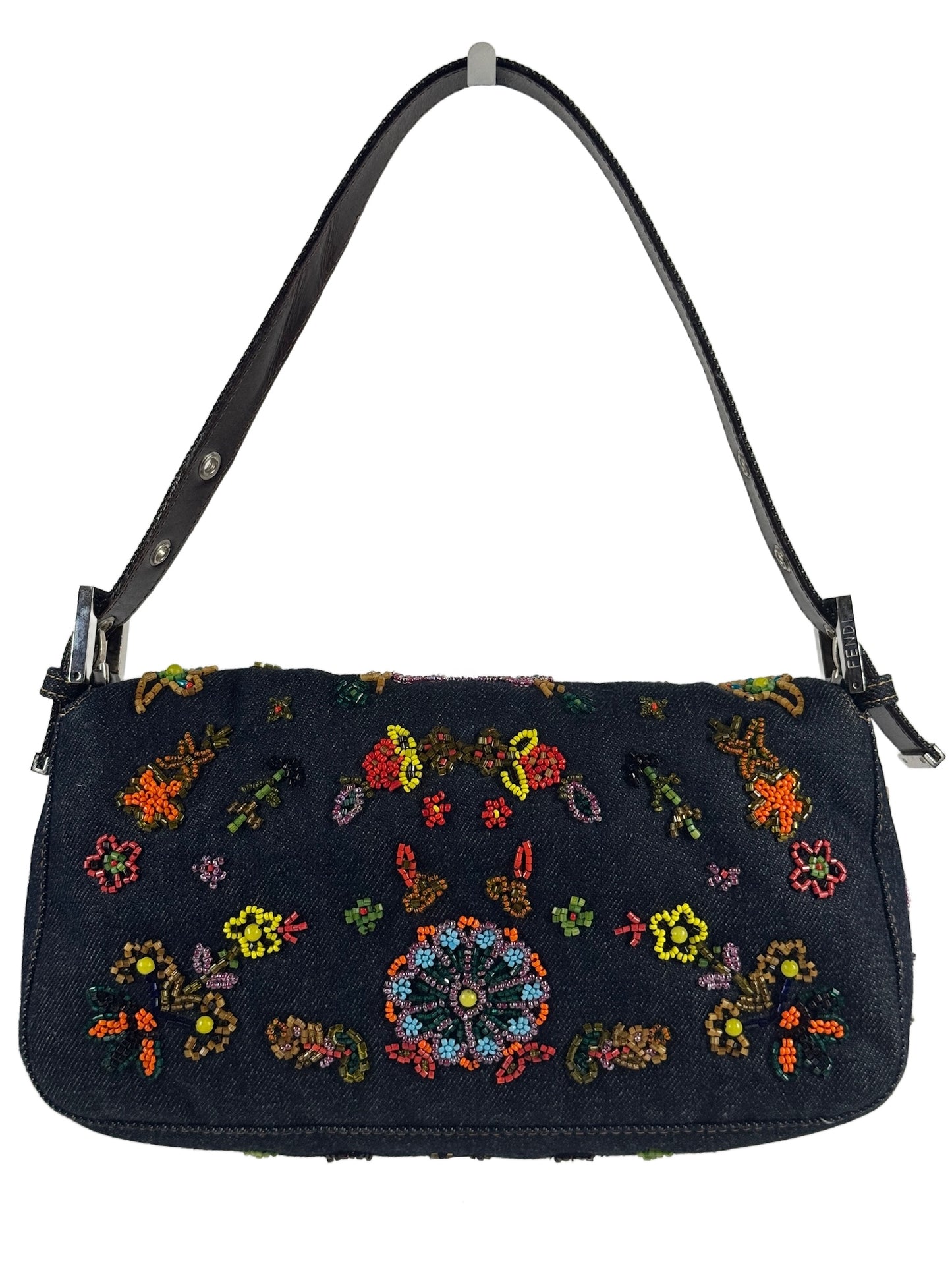 Fendi Vintage Blue Denim Floral Embroidered Beaded Shoulder Baguette Bag