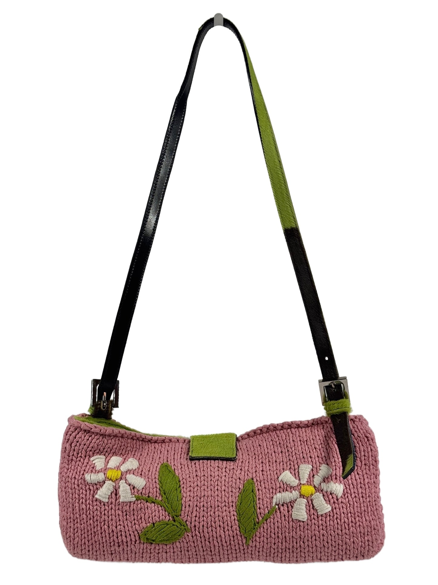 Fendi Vintage Pink Knit Floral Green Cow Print Pony Hair Trim Shoulder Baguette Bag