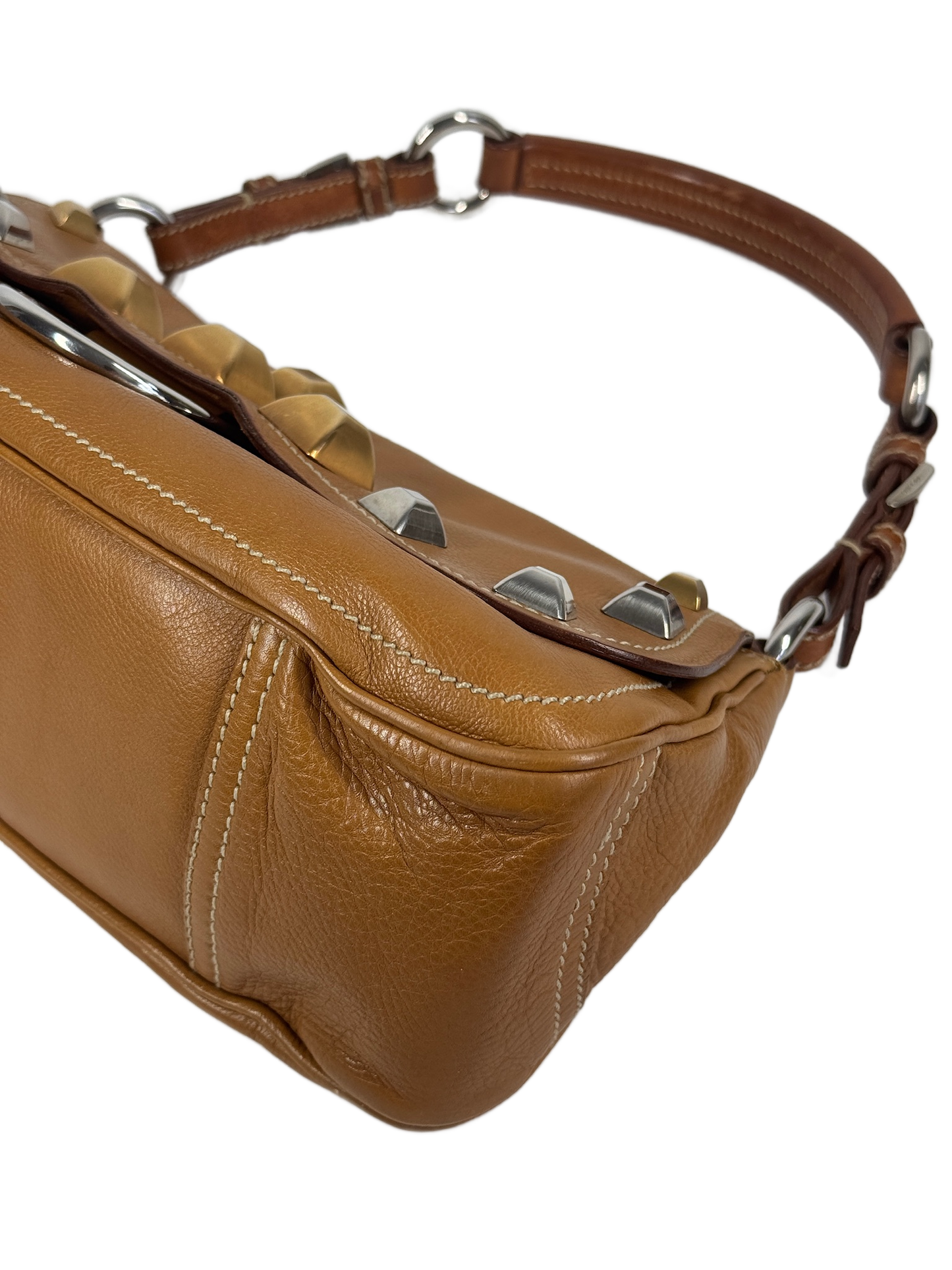 Prada Vintage 2004 Beige Calf Leather Mixed Metal Studded Shoulder Bag