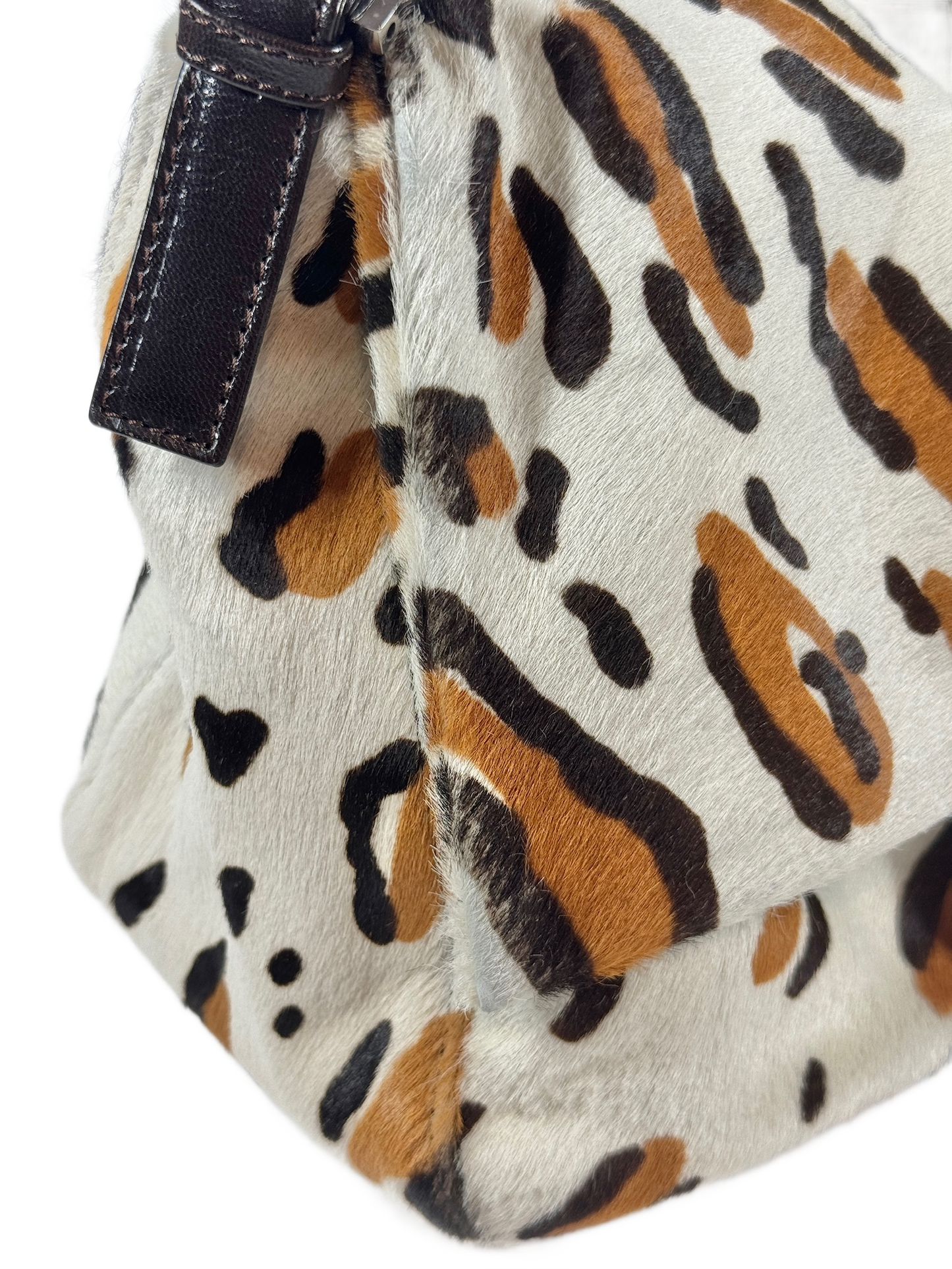 Fendi Vintage White & Brown Leopard Print Pony Hair Mamma Baguette Shoulder Bag