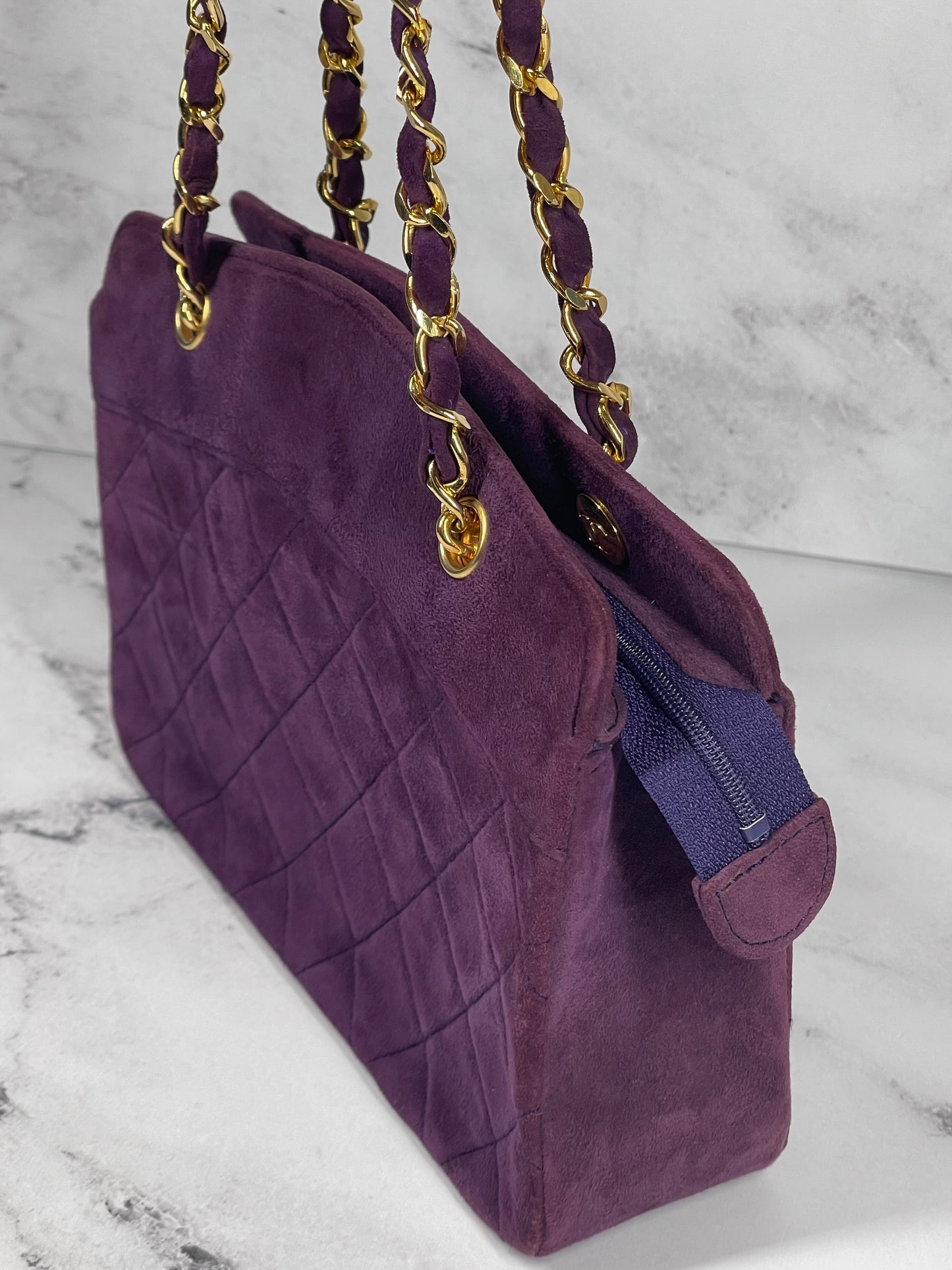Chanel Vintage 1 Series Eggplant Purple Suede Chain Shoulder Bag w 24K GPHW