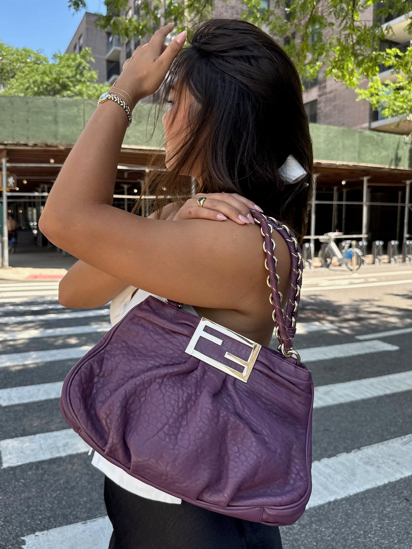Fendi Purple Ruffled Leather Mia Shoulder Tote Bag