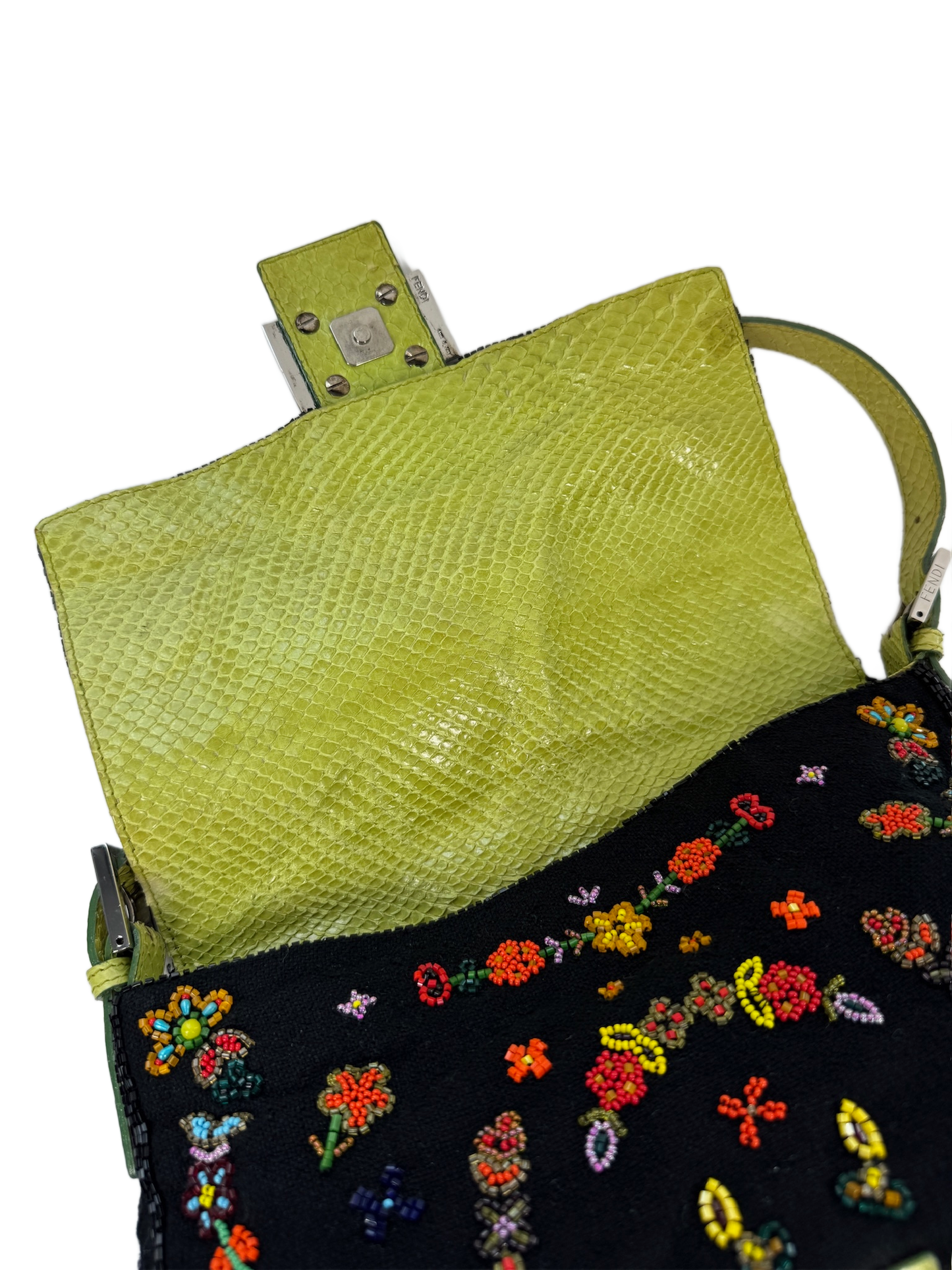 Fendi Vintage Black Knit Floral Beaded Embroidered Mamma Baguette Shoulder Bag w Green Lizard Trim