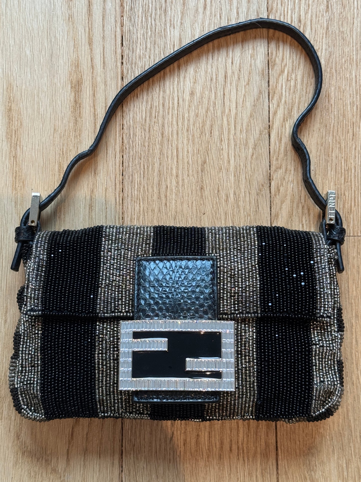 Fendi Vintage Black & Silver Metallic Striped Beaded Crystal Embellished Logo Mini Baguette w Snakeskin Trim