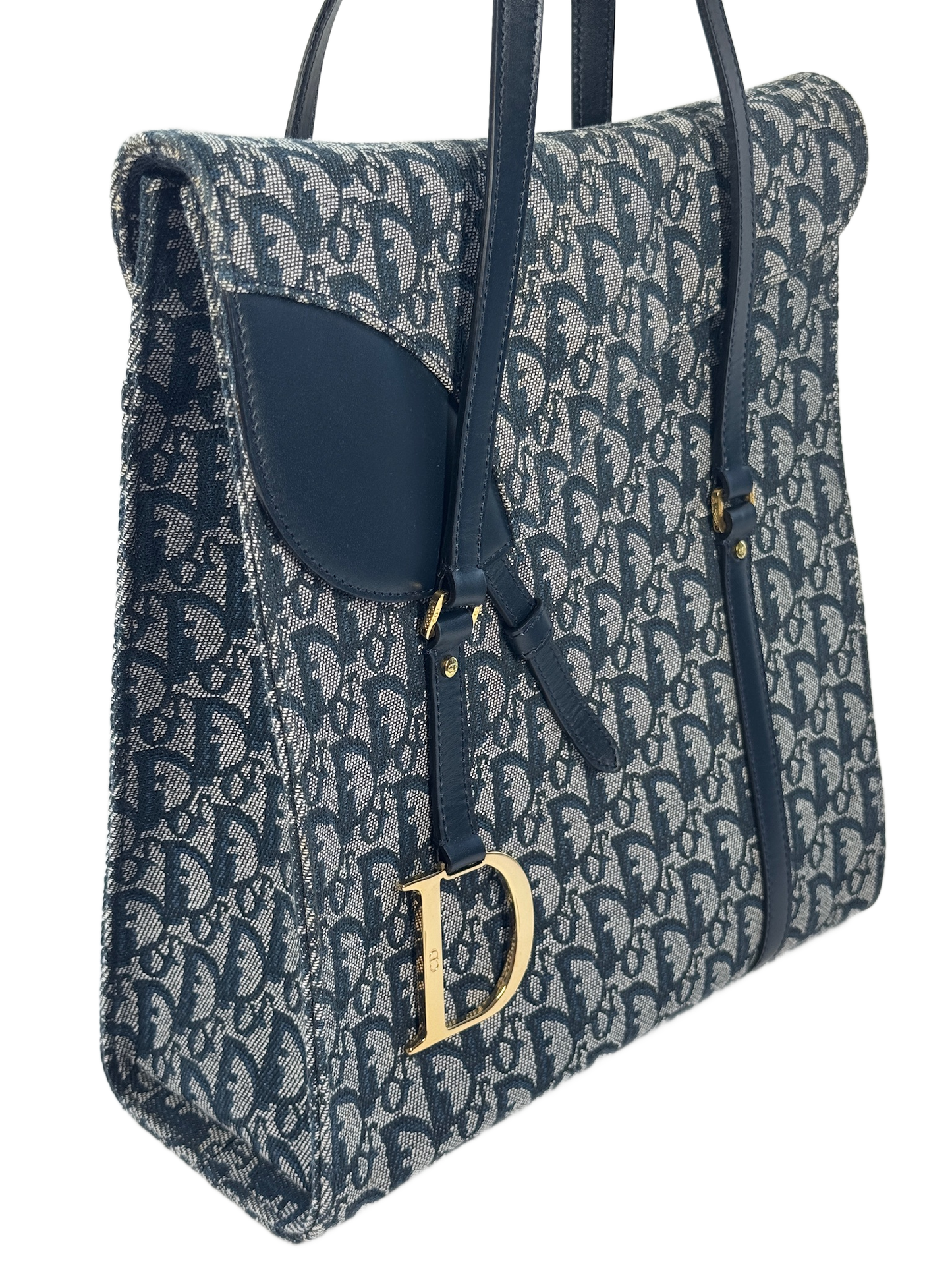 Dior Vintage 2002 Navy Blue Trotter Monogram Canvas Saddle Tote Bag